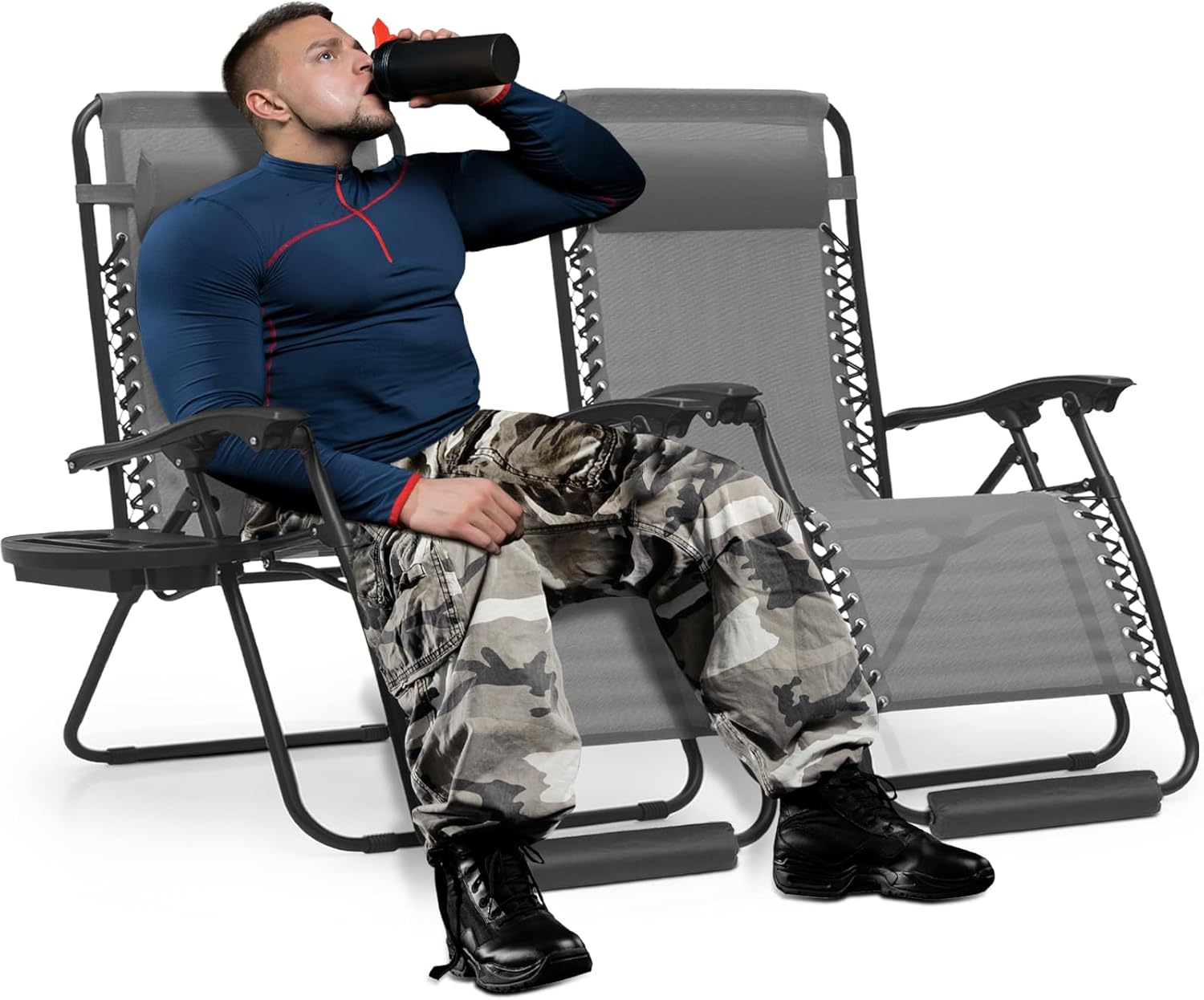 MoNiBloom 29-Inch Oversized Zero Gravity Chairs Set of 2, Patio Anti Gravity Recliner, XL Foldable Outdoor Lounger with Cup Holder Tray, Headrest and Footrest for Beach Camping, Grey