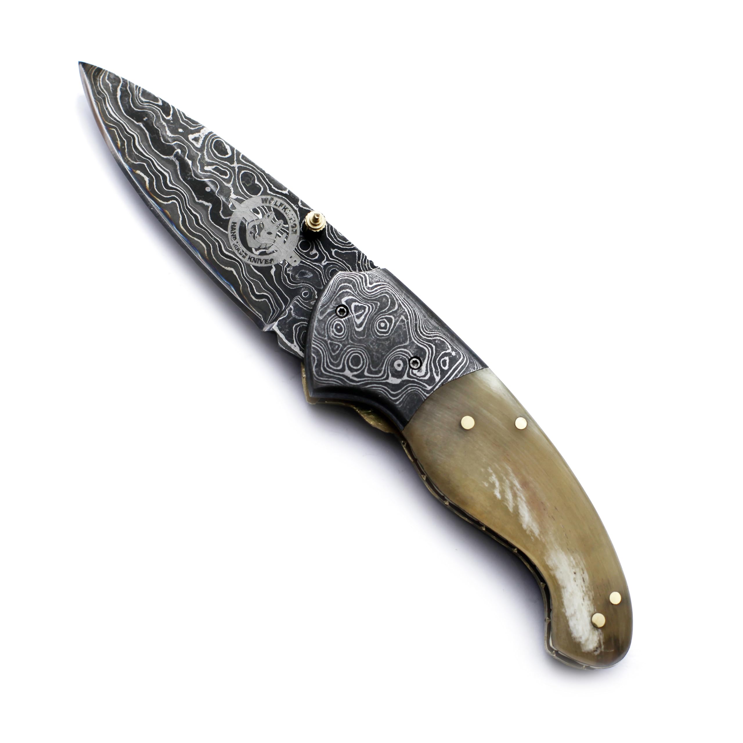 WÖLFKLINGE Damascus Handmade Folding Pocket Knife – The Ultimate EDC for Hunting, Survival, Camping, and Fishing with Full Tang Bone Handle and Premium Cowhide Leather Sheath.-WFD-2545