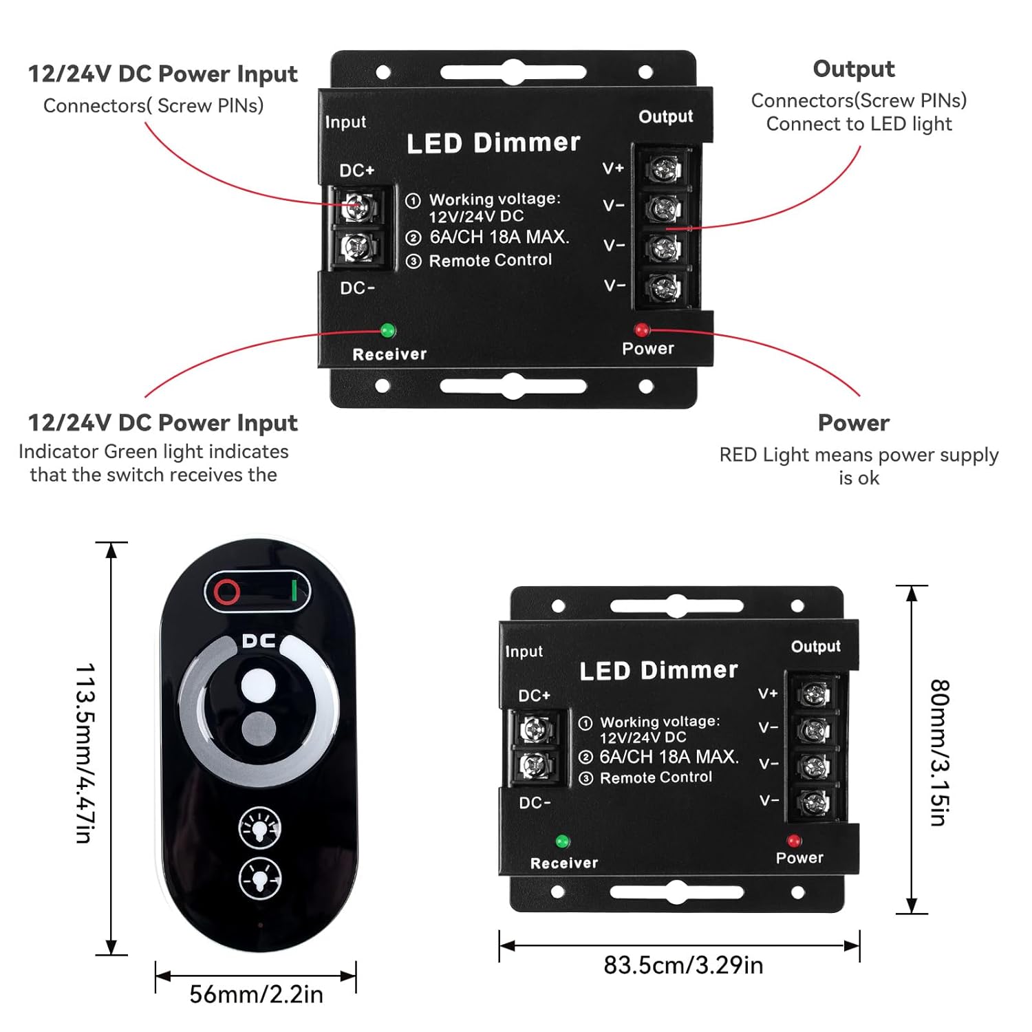Dimmer Switch, DC 12V-24V 18A PWM LED Light Strip Dimmer with Dimmable Slide Remote Control, Adjust Brightness Dimmer Light Switch - Image 7
