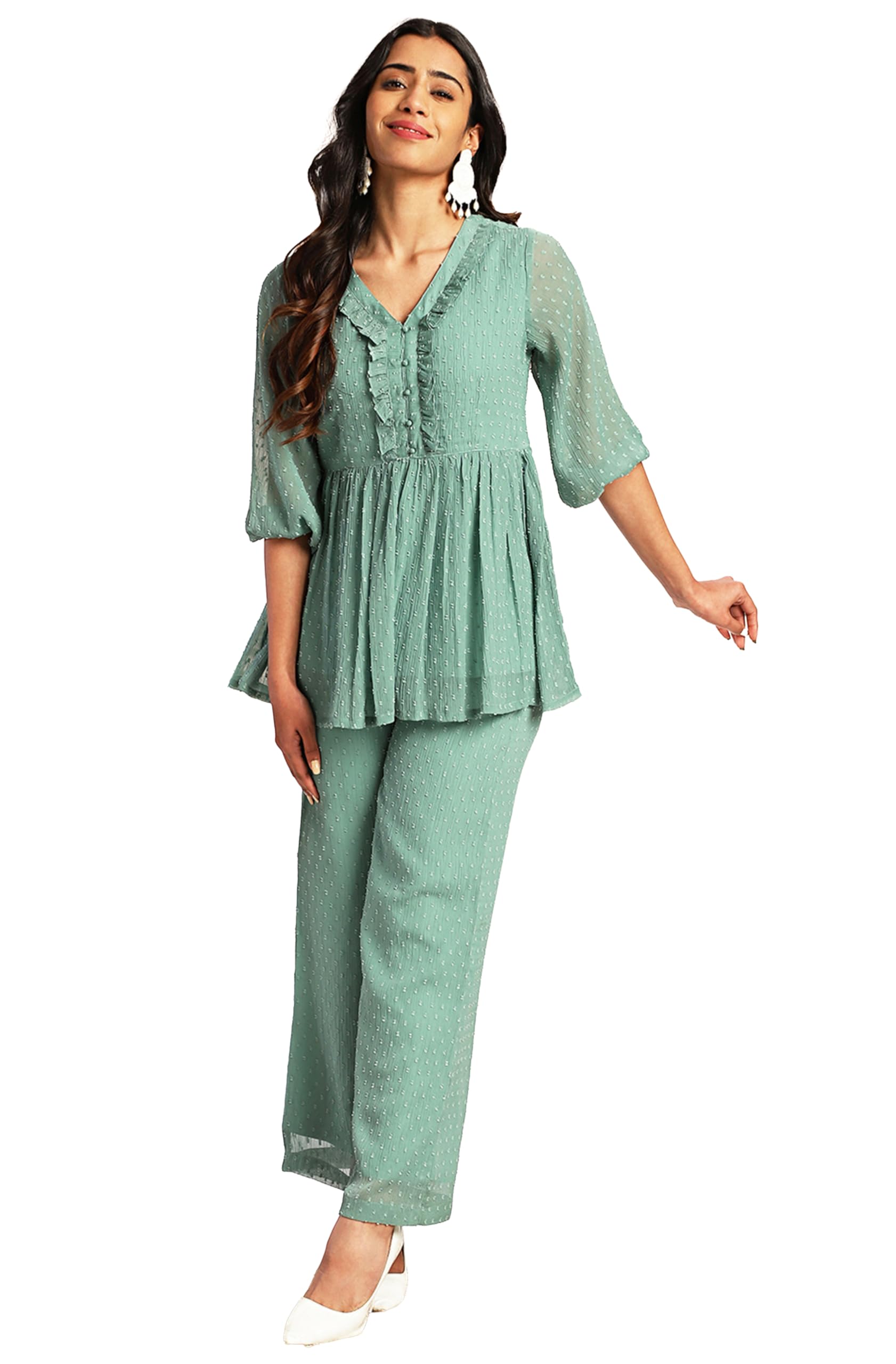 Janasya Women's Dobby Chiffon Woven Design Co-Ord Set