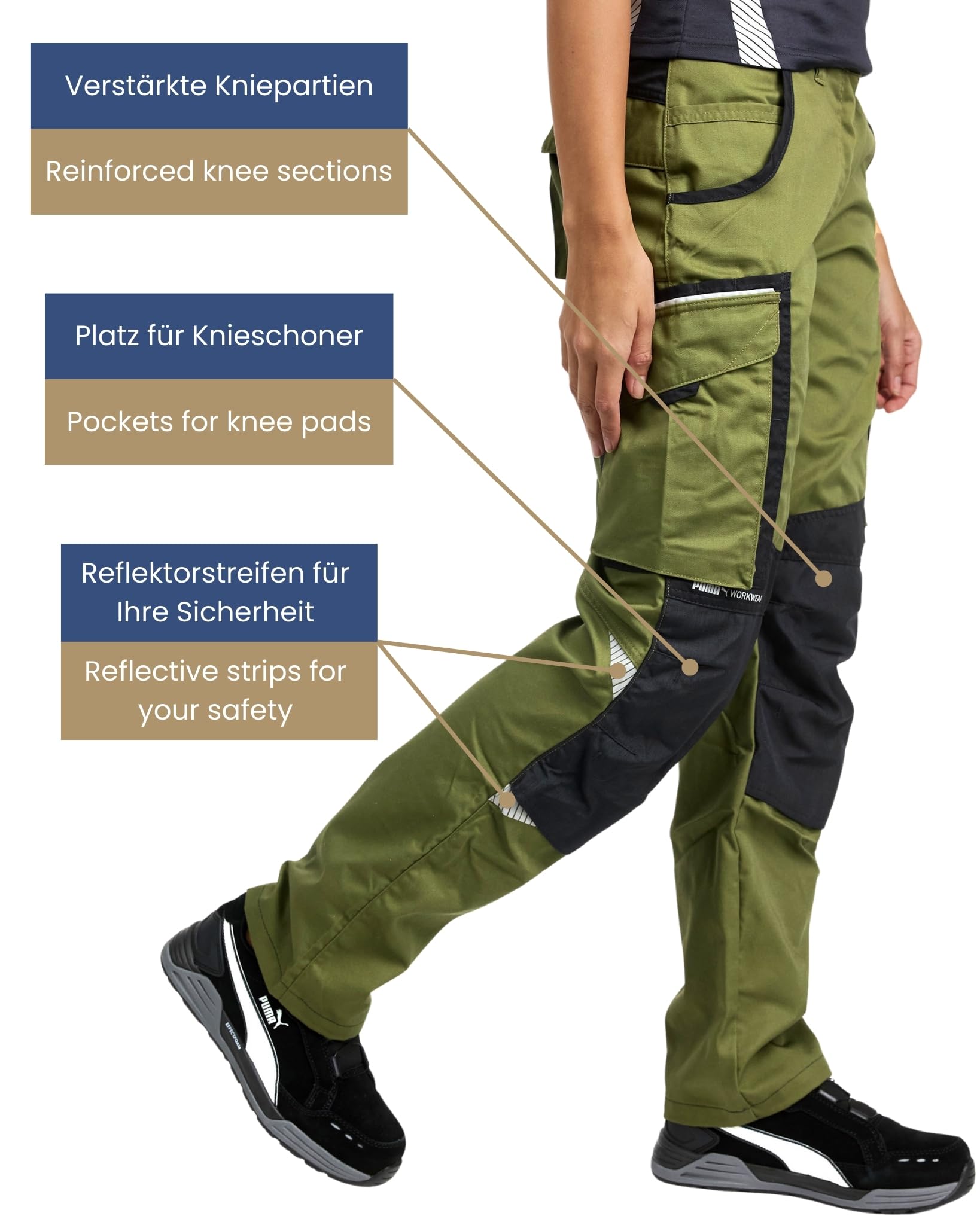 PUMA Work WEAR Premium damskie spodnie robocze z wieloma kieszeniami i dodatkowo wzmocnioną tkaniną nylonową - czarne, zielony/czarny, 40