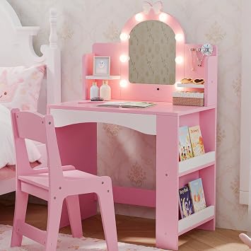 Girls Vanity with Lights, Kids Vanity Table and Chair Set for Princess, Toddler Makeup Vanity Desk with Open Bookshelf, Storage Cabinet & Side Shelves, Stools, Pink
