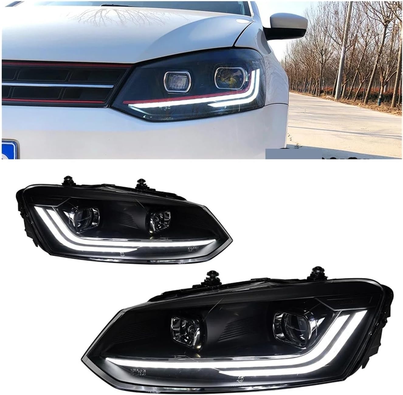 Compatible For VW Polo LED Headlight Projector Lens 2011-2017 1 Pair Car Lights Vento Head Lamp DRL Hid Head Lamp Bi Xenon Beam Accessories(Gti Red Line)