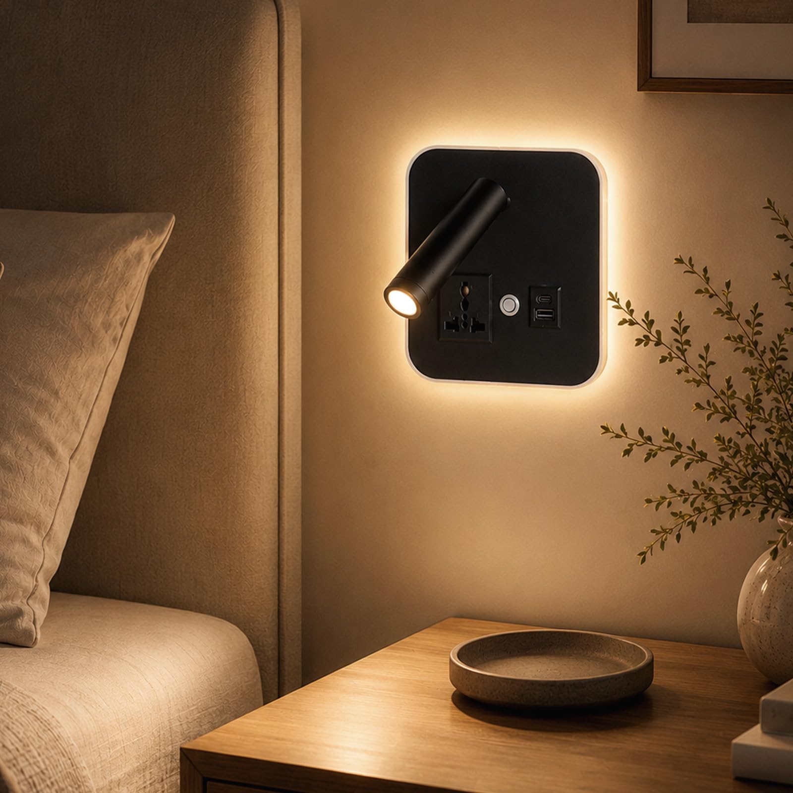 Lámpara de pared LED, 12W 3000K Lámpara De Lectura con puerto USB A+C, aplique pared regulable con cabezal orientable 350°, lámpara con puerto USB para dormitorio y salón, aluminio negro