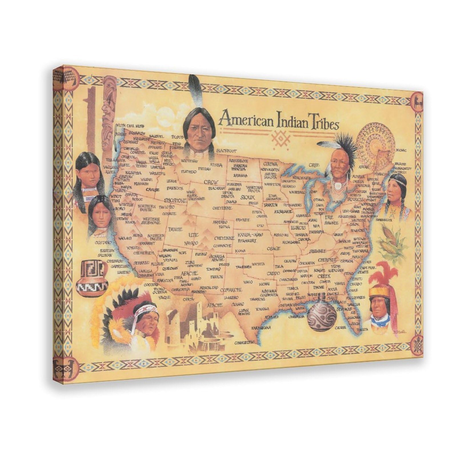 Qnvjqkdsi Frame Native American Tribes Map Vintage Canvas Poster Bedroom Decor Landscape Office Room Decor Gift 20" L X 30" W