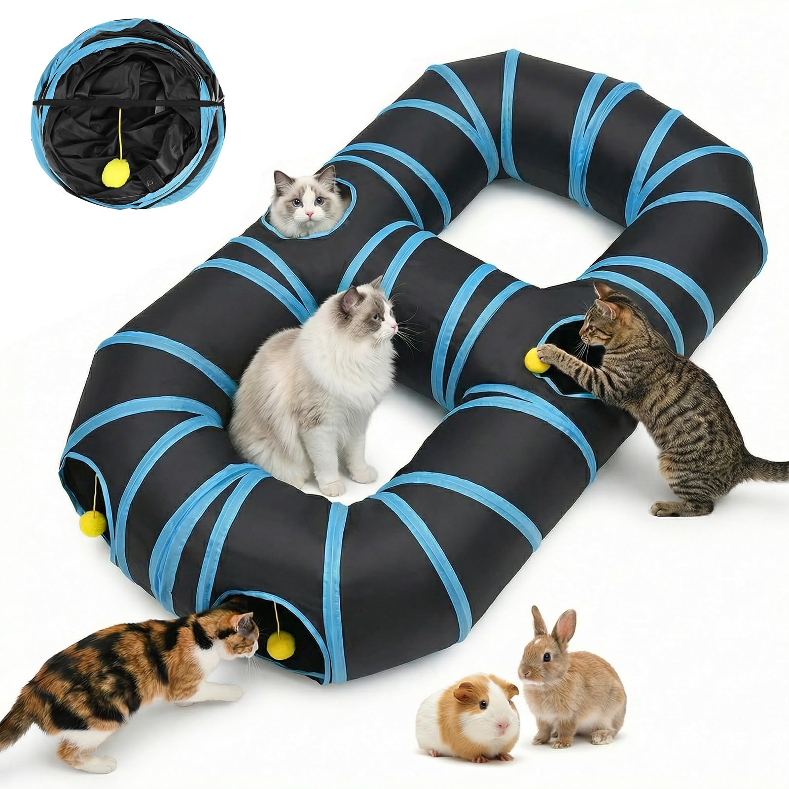 Interactive 8-Shape Cat Tunnel for Indoor Cats, Collapsible Pet Play Tunnel and Bed Maze, Large Cat Tube Toy with Multi-Hole Design for Kittens Rabbits Guinea Pigs, Durable Polyester, 120cm x 75cm