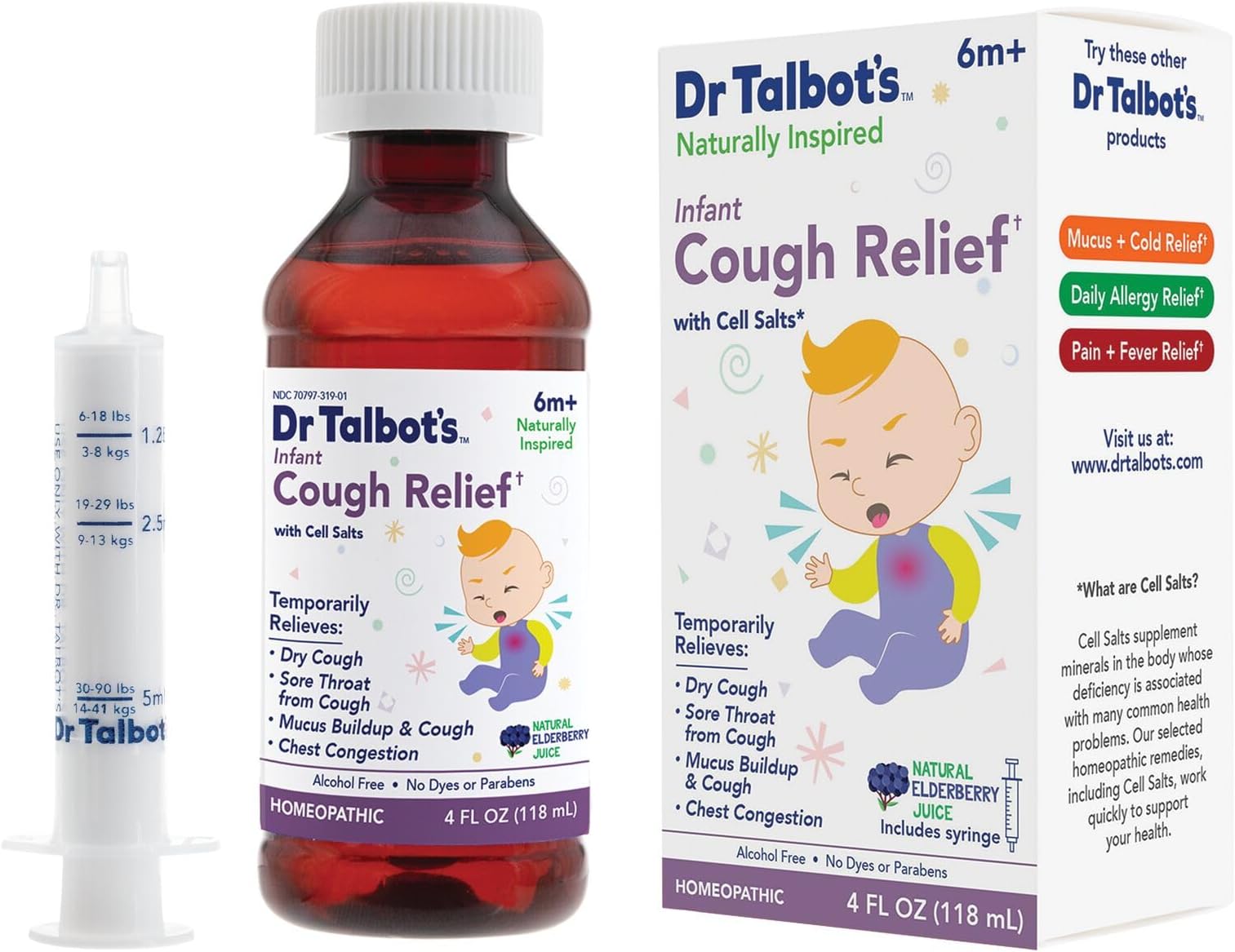Dr. Talbot's Infant Cough Relief with Cell Salts - 4 fl oz - Naturally Inspired Kids Cough Medicine - Elderberry Juice Flavor - Includes Syringe