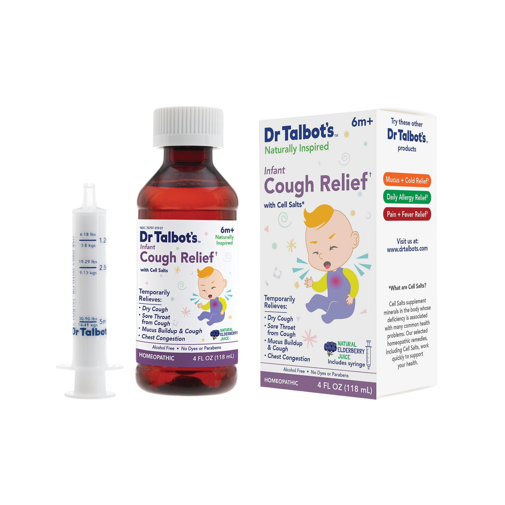 Dr. Talbot's Infant Cough Relief with Cell Salts - 4 fl oz - Naturally Inspired Kids Cough Medicine - Elderberry Juice Flavor - Includes Syringe