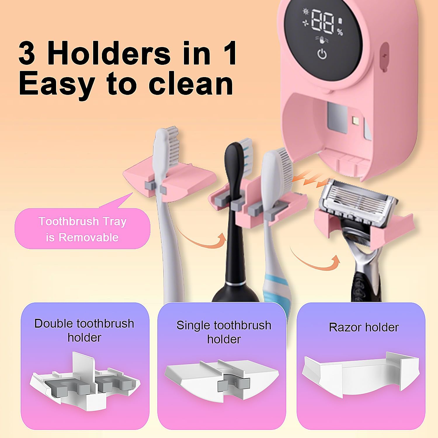 Toothbrush Holder and Cleaner Razor Holder/Dryer Light Cleaning and Air Drying Automatic Ratating Cover Rechargeable Wall Mounted for Bathroom Portable for Trip
