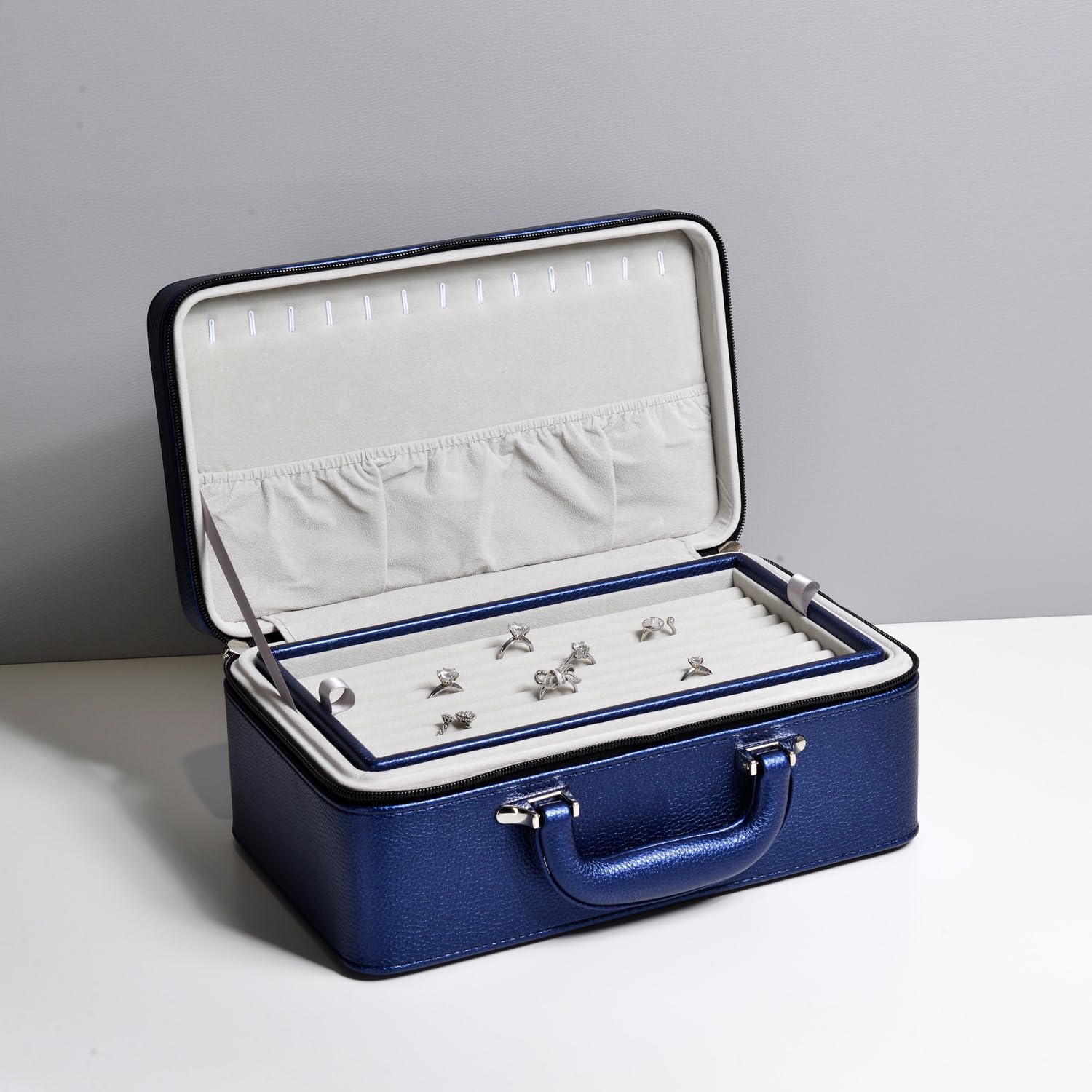 Kaslaider Boîte à Bagues En Cuir PU Bleu - Coffret Présentoir Élégant Pour Bagues, Bijoux - Idéal Cadeau Filles Et Femmes