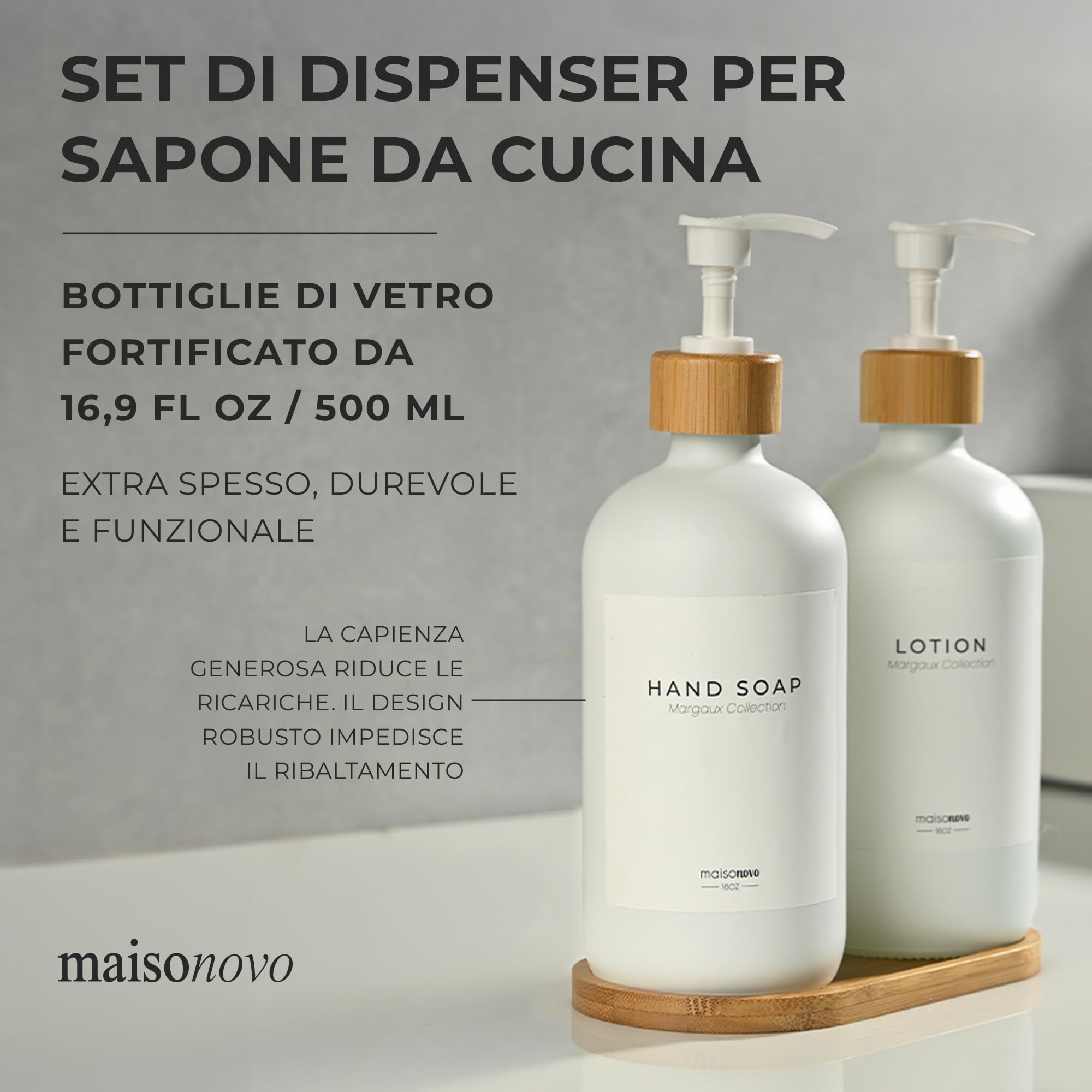 MaisoNovo Dispenser di sapone da bagno Set da 2 pezzi - Dispenser di sapone per le mani da 500 ml - Bottiglie di bambù bianche - Pompa in acciaio inossidabile con vassoio di bambù