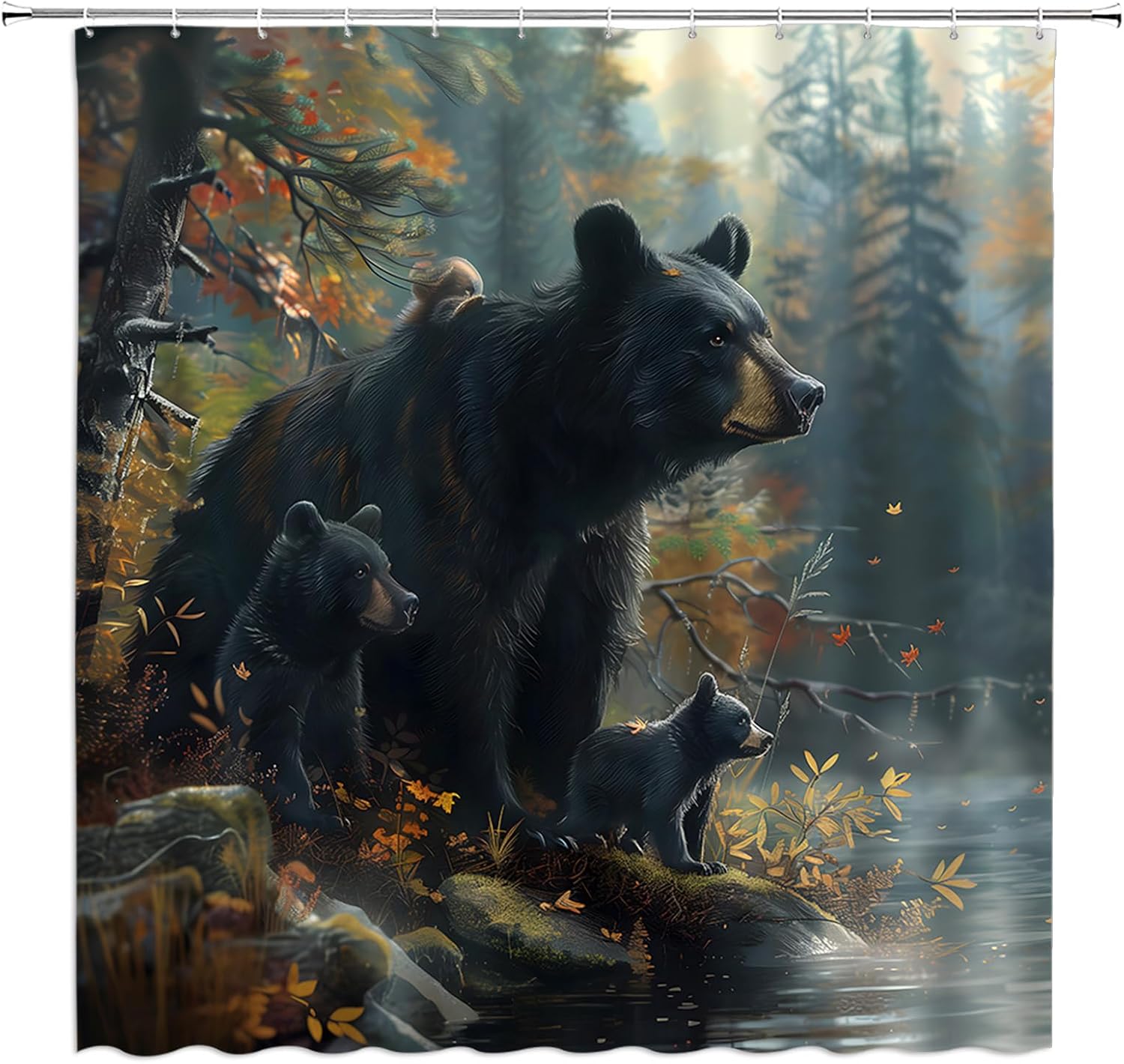 Black Bear Shower Curtain Rustic Retro Fall Forest Autumn Orange Maple Leaves Wild Animal Hunting Camping Vintage 70" Wx96 H Fabric Bathroom Decor Curtain with Hooks