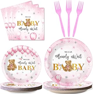 96 Pieces Bear Baby Shower Decorations Balloon Stars Tableware Set Pink We Can Bearly Wait Baby Dessert Plates Bear Flower Party Napkins Forks for Girl 24 Guests Gender Reveal Party Supplies Favor