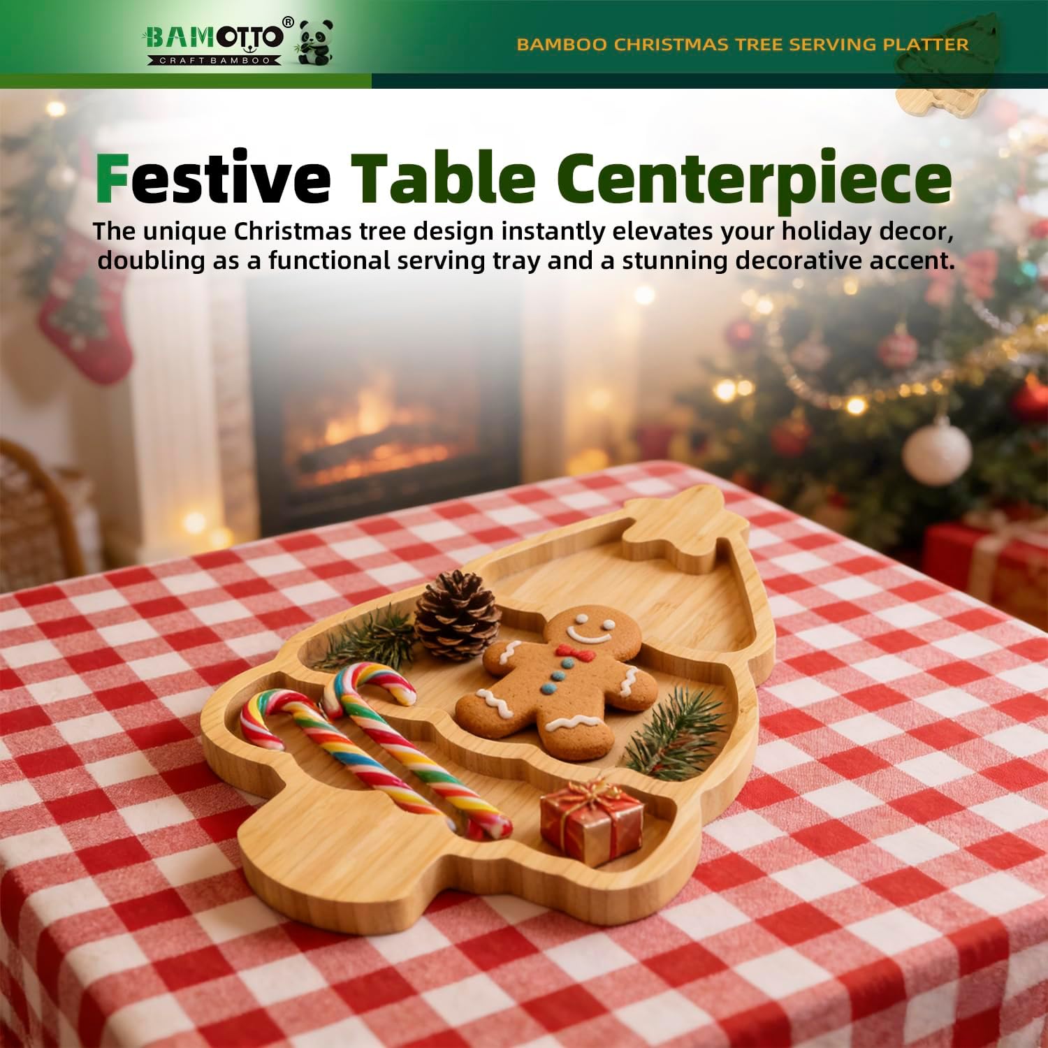 Bamboo Christmas Tree Serving Platter - 13.5"x8.8" Large Kids Snack Plate, Food Safe Charcuterie Board for Christmas Thanksgiving, Divided Tray for Fruit, Dessert, Baby Food - Image 4