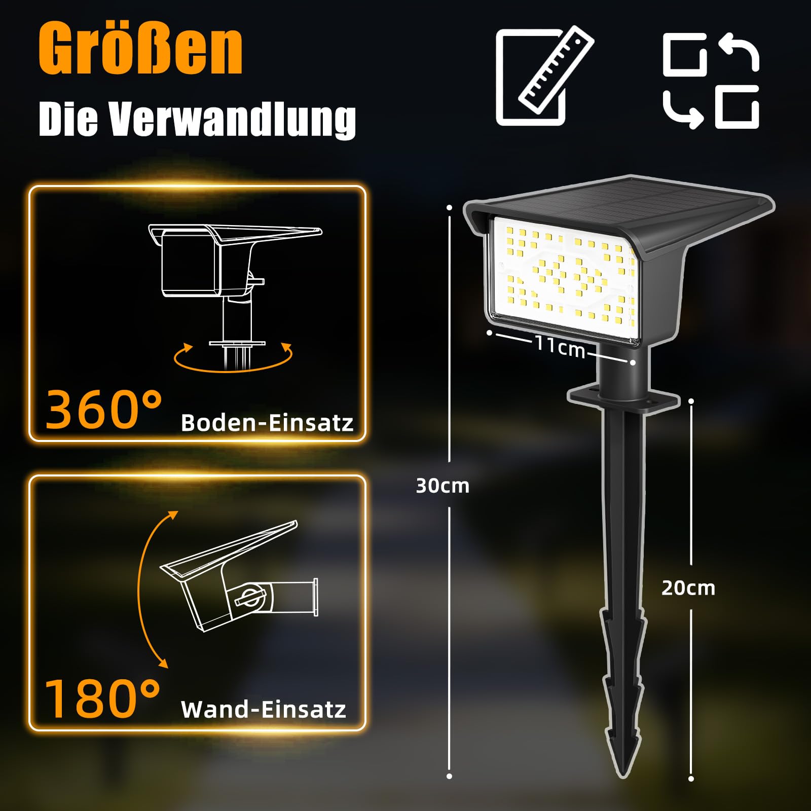 FLOWood Solarlampen für Außen Garten, 3000K Warmweiß Solar Strahler 4 Stück, 1500mAh IP68 Wasserdicht, 3 Helligkeitsmodi LED Gartenleuchten für Garten, Rasen, Auffahrt, Gehweg & Patio