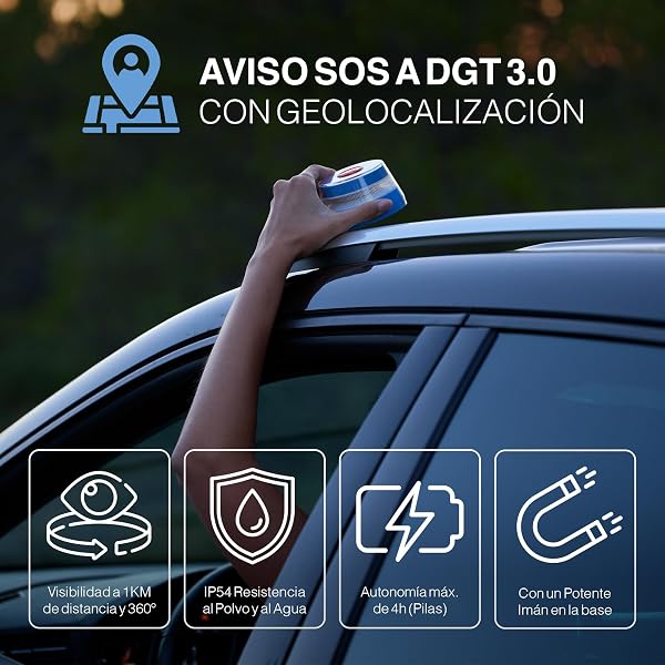 SafetyTech - Luz Emergencia Coche Homologado DGT, con SIM Telefónica y Datos Gratis hasta 2038, Baliza V16 Homologada DGT con Geolocalizador 3.0 + Funda Accesorios Coche, V16 con Geolocalización - 4