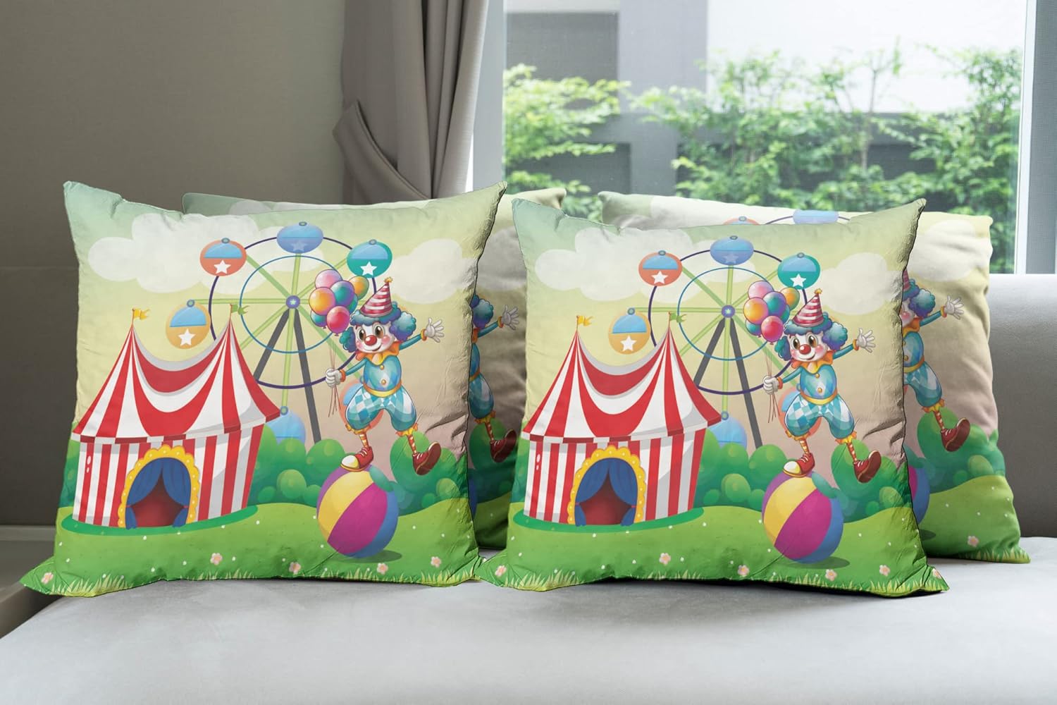 Ambesonne Circus Decorative Throw Pillow Case Pack of 4, Illustration of a Clown Balancing Above an Inflatable Ball at The Carnival Print, Cushion Cover for Couch Living Room Car, 24", Green Red