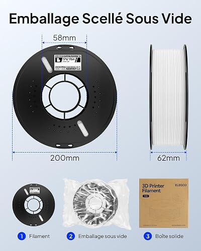 ELEGOO TPU Filament 1.75mm Black 1KG, 95A Soft Flexible 3D Printing Filament 1KG Spool(2.2lbs) Fits for Most FDM 3D Printers - 3