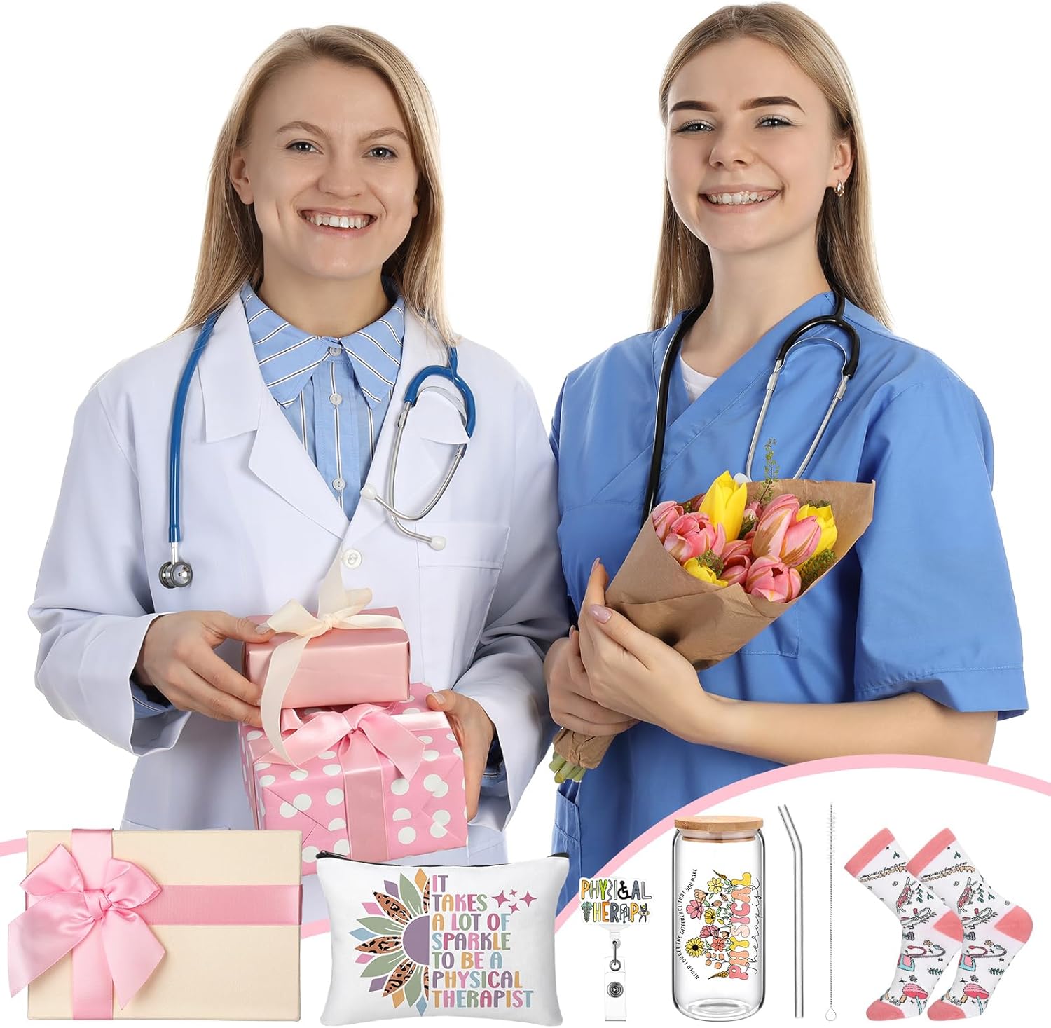 Skylety 5 Pcs Physical Therapy Gifts for Women 16 oz Glass Cup Socks Cosmetic Bag Badge Holder PT Appreciation Gift Box for Coworker Physical Therapist Gift Graduation Birthday - Image 7