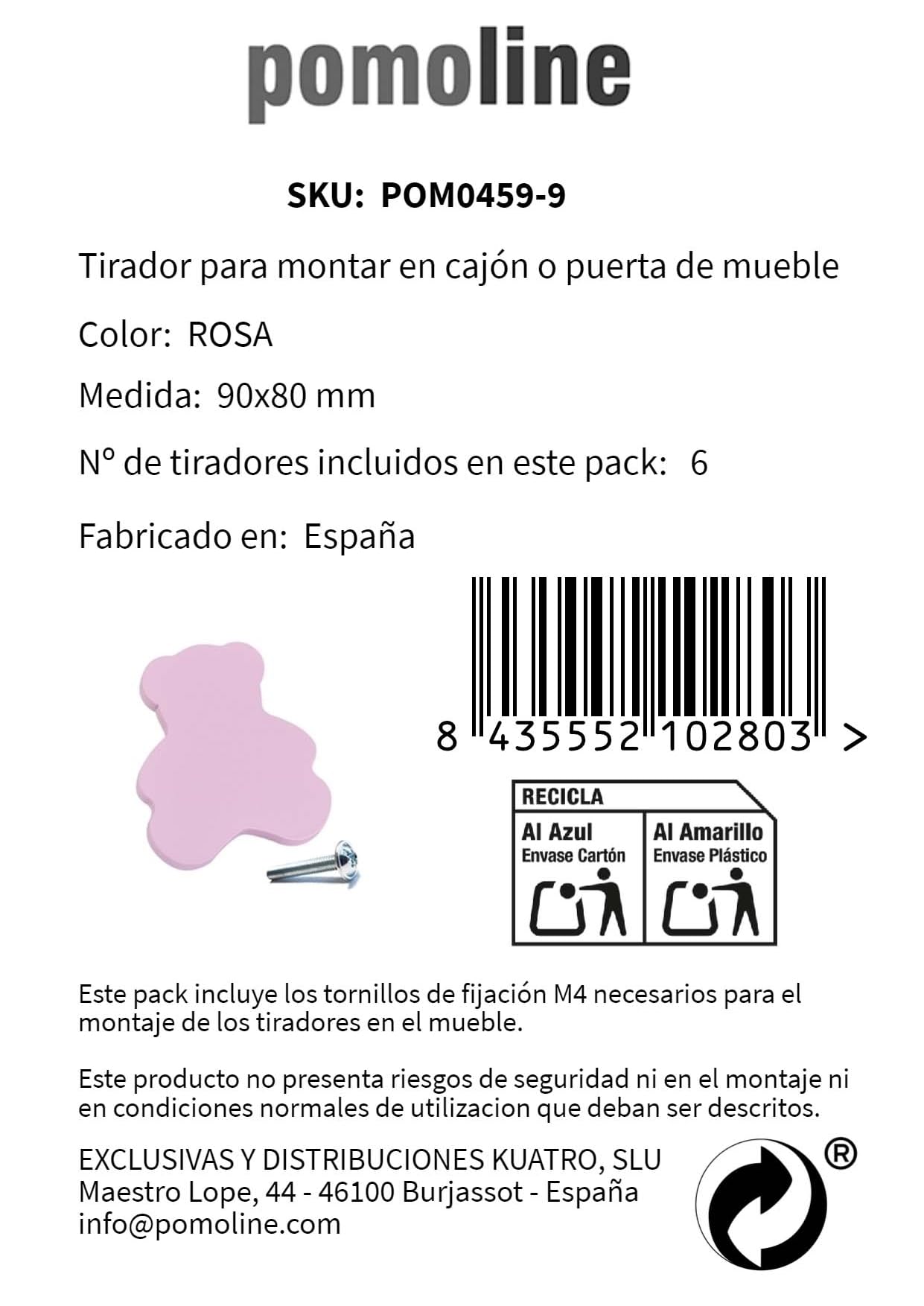 6 Un. TIRADOR Pomo Mueble BEBÉ OSO madera lacada rosa 90x80mm