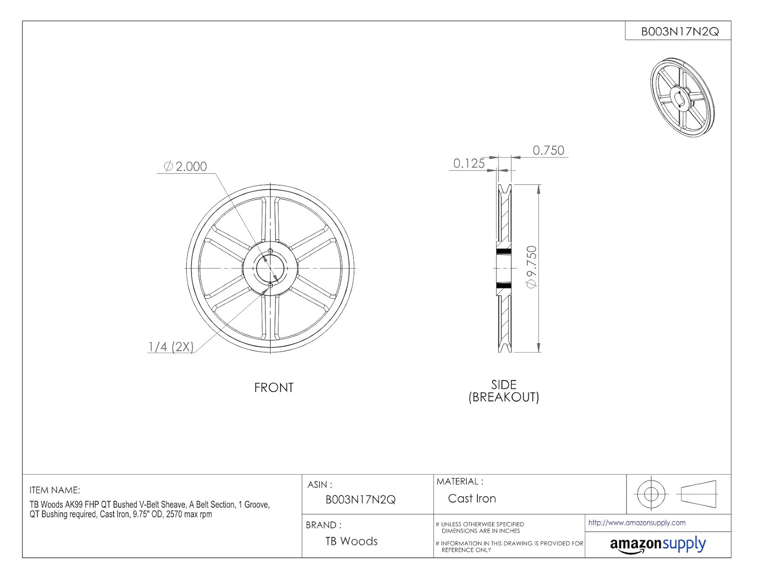 Best Deal Cheap 🛒 TB Woods AK184 FHP QT Bushed V-Belt Sheave, A Belt Section, 1 Groove, QT Bushing required, Cast Iron, 18.25 OD, 1370 max rpm