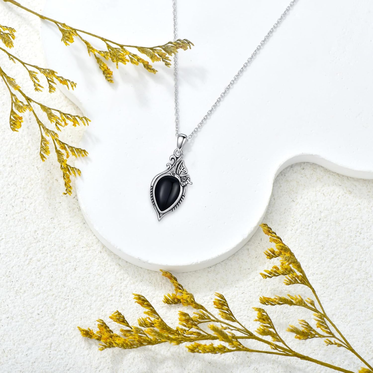 Vintage Black Onyx Necklace for Women, 925 Sterling Silver Oxidized Retro, 14×10mm Teardrop Black Agate Pendant, 18 + 2 Inch Adjustable Chain - Image 5