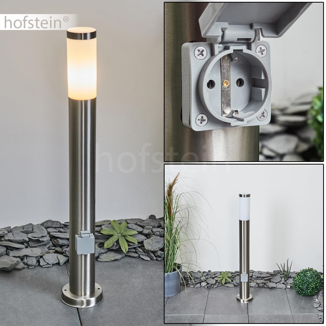 Lampa zewnętrzna Sessa, nowoczesna lampa cokołowa z metalu/tworzywa sztucznego w kolorze niklowo-matowym/białym, gniazdko, lampa ścieżkowa 80 cm, lampa ogrodowa, E27, oświetlenie ogrodowe IP44, bez