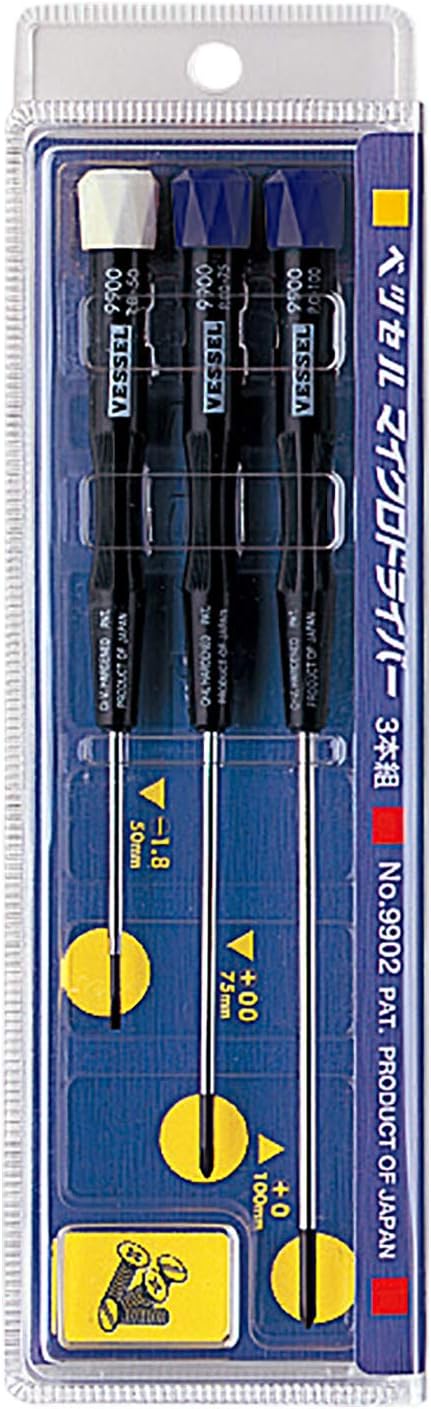 VESSEL Micro Screwdriver 3PC. Set -1.8x50 (1/16"x2"), +00x75 (3"), +0x100 (4") No.9902E