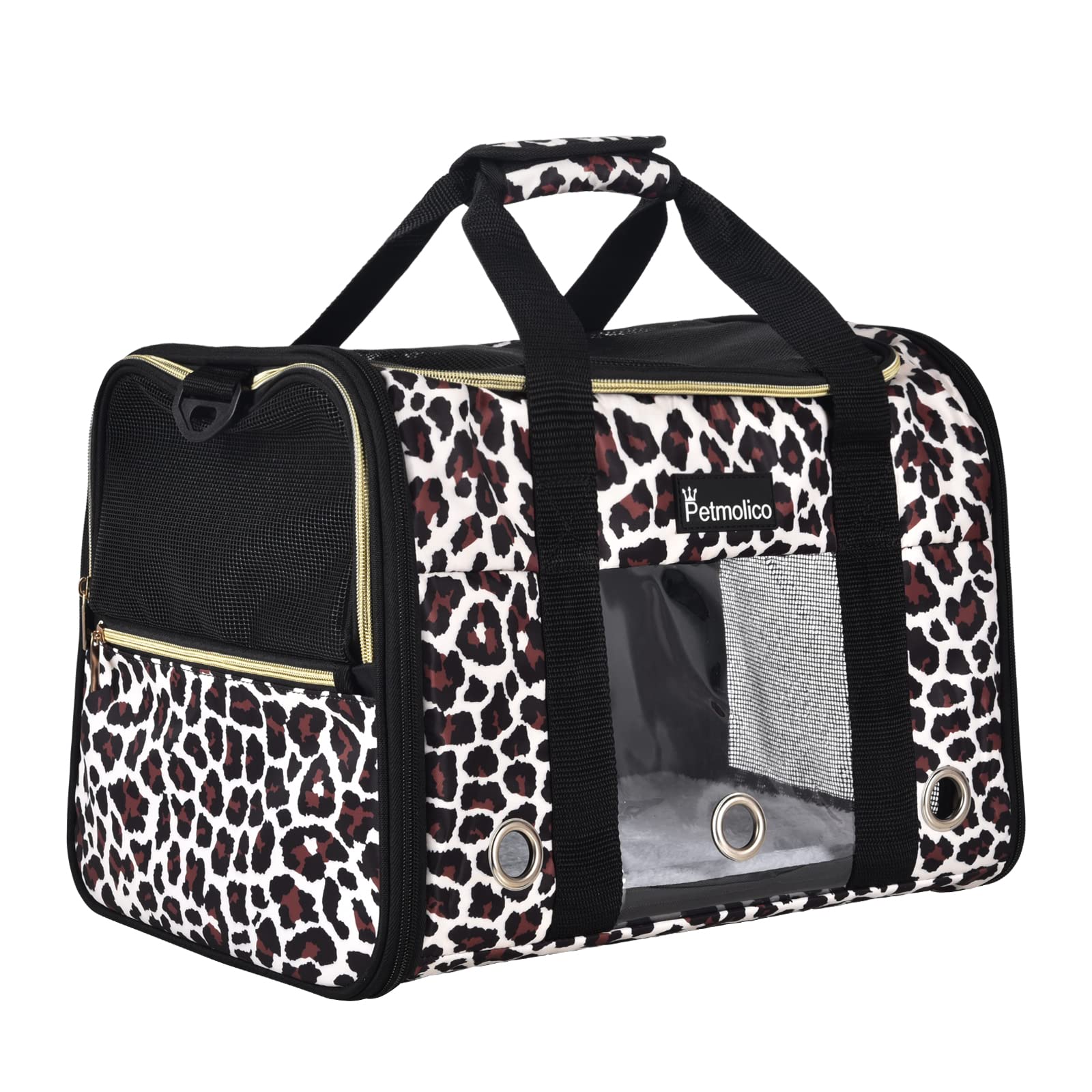 Petmolico Marsupio trasportino per cani, approvato dalla compagnia aerea morbido trasportino da viaggio con 3 porte aperte finestre in rete per gatti cuccioli, 7,3 kg, leopardo