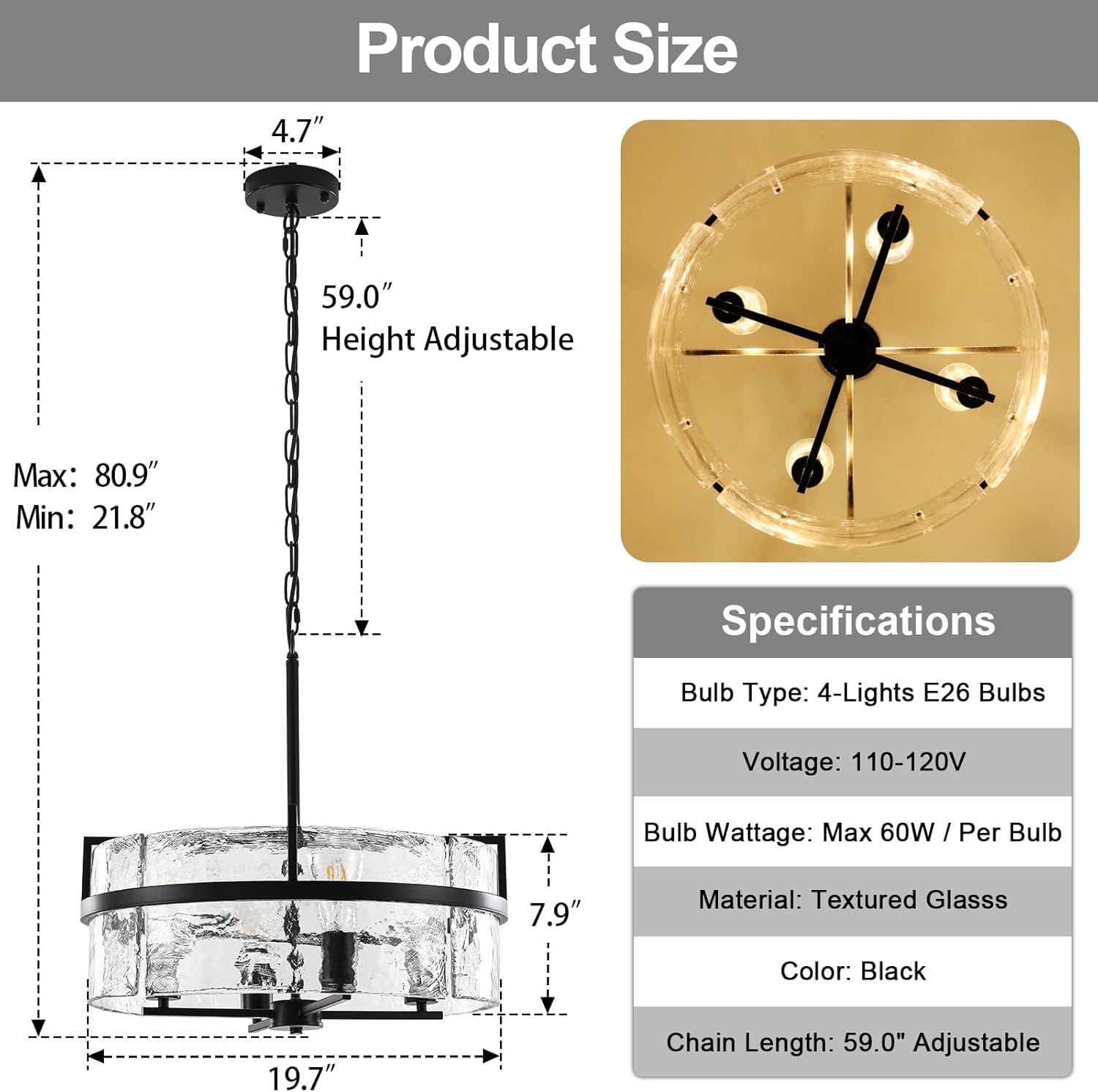 Black Drum Chandelier,19.7" Modern Water Ripple Glass Chandeliers Over Table 4-Light Large Round Hanging Pendant Light Fixtures for Dining Room Living Room Foyer Bedroom Kitchen Island,E26
