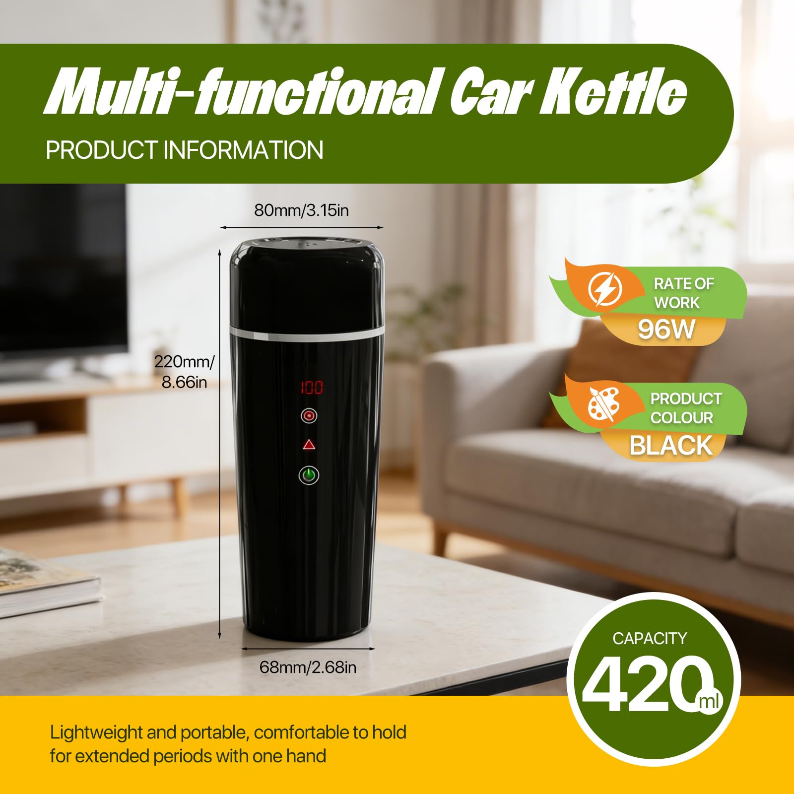 Bouilloire Électrique Portable 12V, 420ml, Acier Inoxydable 304, Noir, Chauffage Rapide, pour Voiture Camion Taxi, Camping Voyage