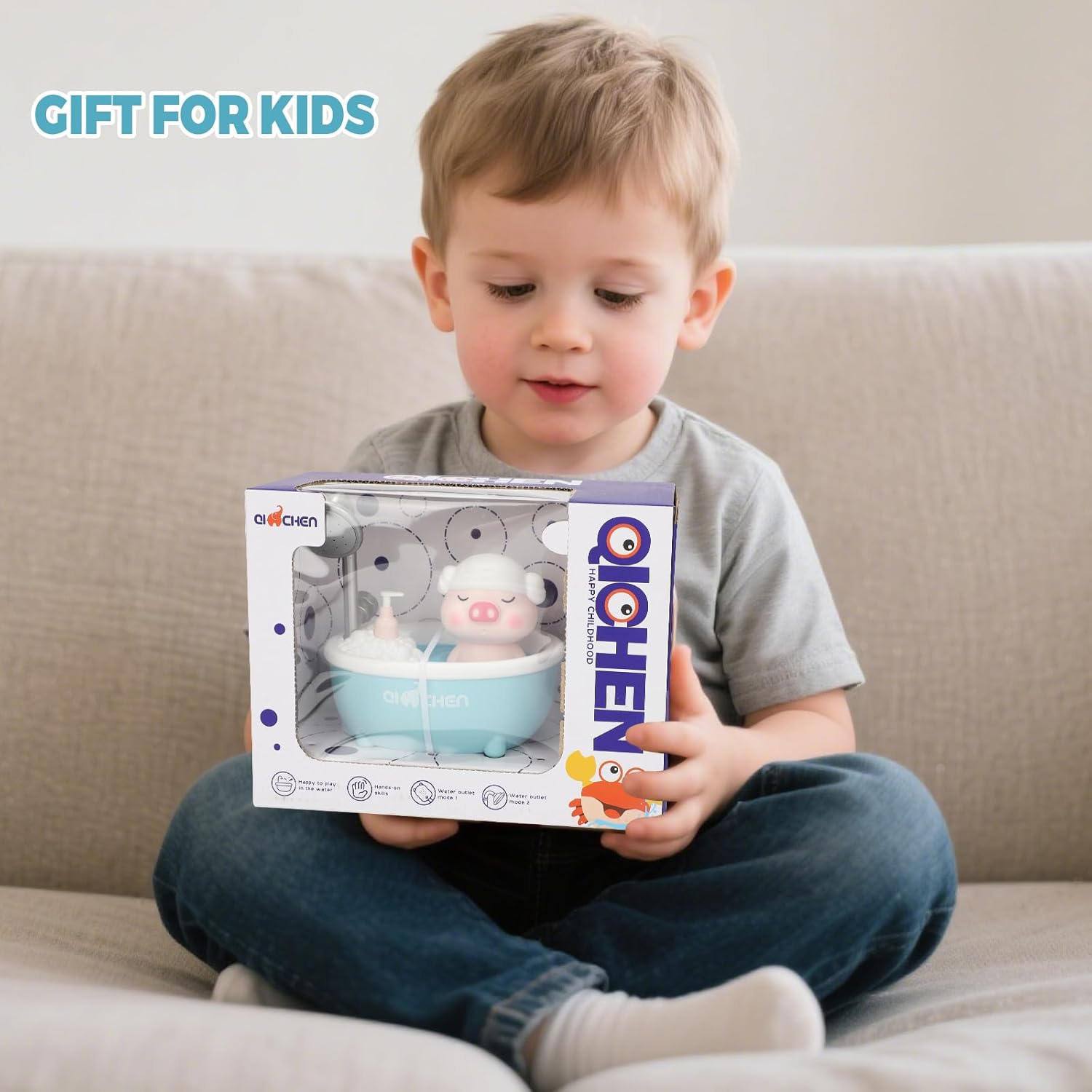 VGY Baby Bath Shower Head - Pig Tub Baby Bath Toys for Kids Ages 1-3 Essentials- Water Pump Toy with Pig Spray Head and Faucet Sprayer, for Bathtub, Sink, Water Table (Blue)