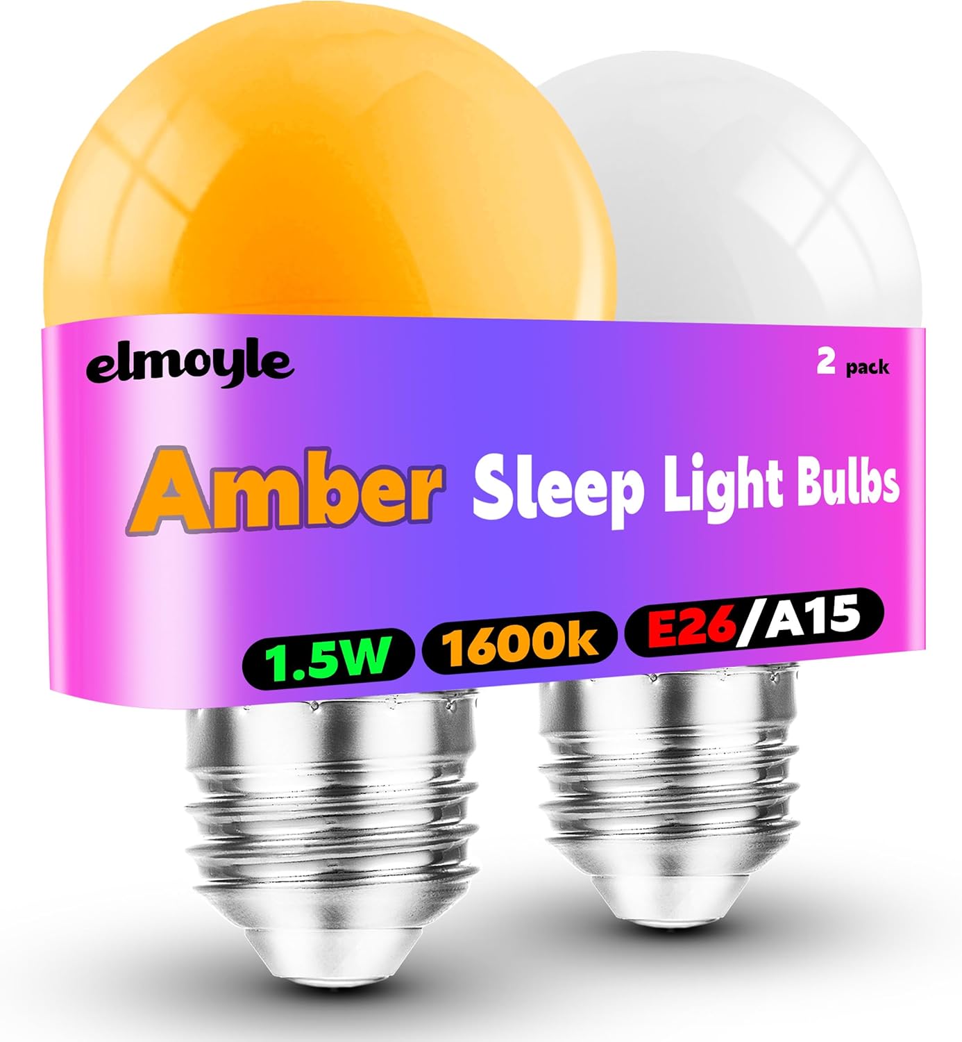 Amber Sleep Light Bulbs 1600k, 1.5W Low Brightness Night Light Bulb 130lm, A15 Blue Light Blocking 15w Equivalent, E26 Warm Amber Light Bulbs for Bedroom, Nursery, Healthy Sleep, Non-Dimmable, 2 Pack