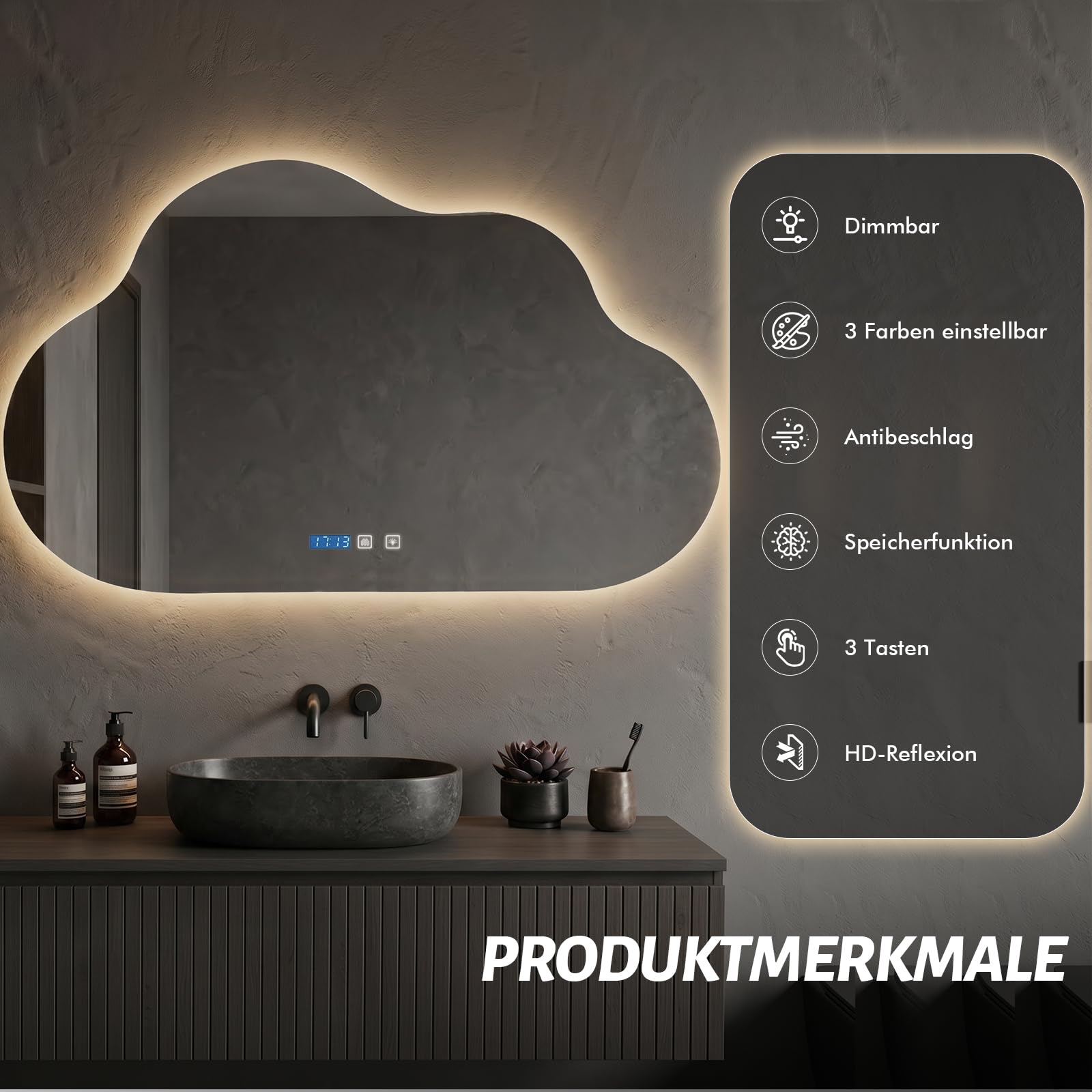 Badspiegel mit Beleuchtung, 60x80cm LED Badezimmerspiegel mit Beleuchtung, Intelligenter Spiegel mit dimmbarer Farbtemperatur, Echtzeit Zeitanzeige & Temperatur, IP44 Beschlagfrei, Wandmontage