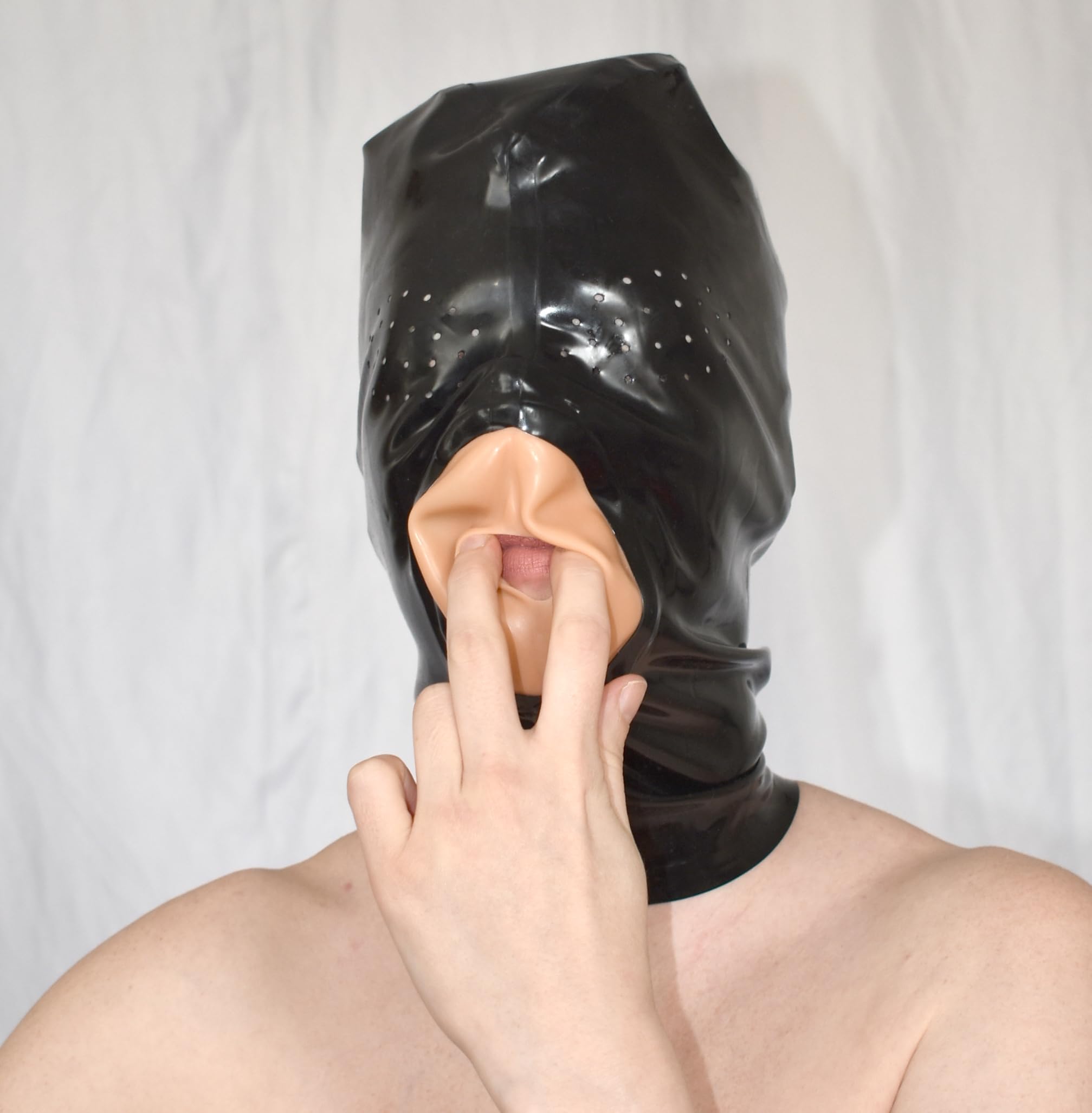 Maschera Feticista in Latex con Apertura Vaginale – Cappuccio Bondage BDSM, Bavaglio Sesso Orale, Apertura Respiratoria, Figa Tascabile per Roleplay