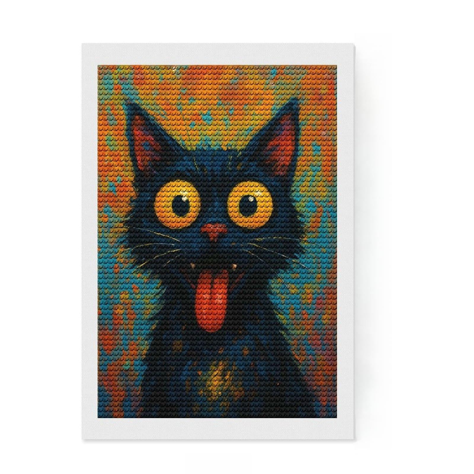 Junmoney Whimsical Black Cat Portrait Diamond Painting Set 8"x12", Stress Relief Craft, Satisfying Creative Project, Modern Decor, Holiday Gift Idea