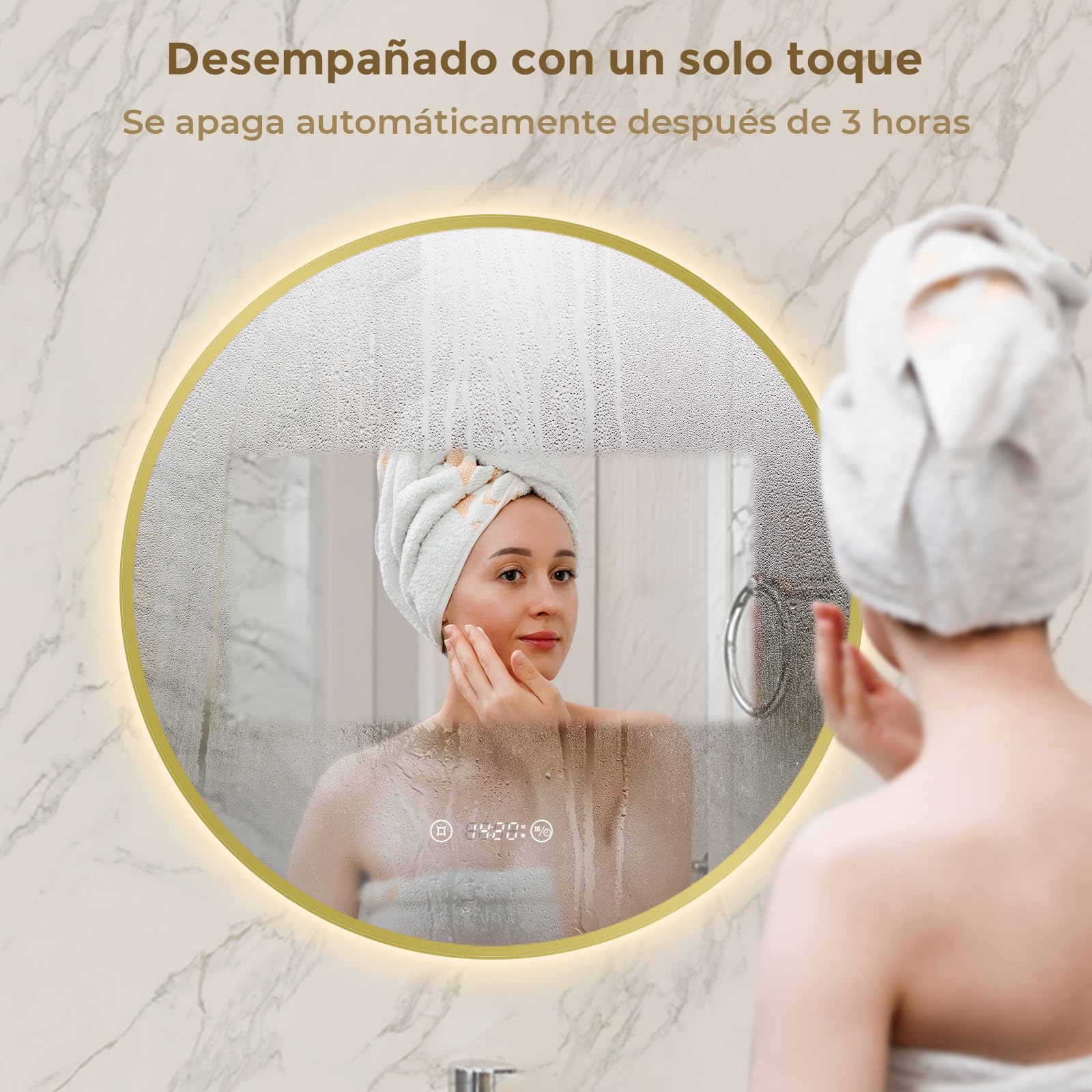 S'AFIELINA Espejo Baño con Luz LED Redondo Ø70 cm, Marco Dorado | Espejo Redondo de Baño con LED, Espejo Retroiluminado, Diseño Sin Marco, Luz Neutra, Espejo de Pared, Decorativo para Baño