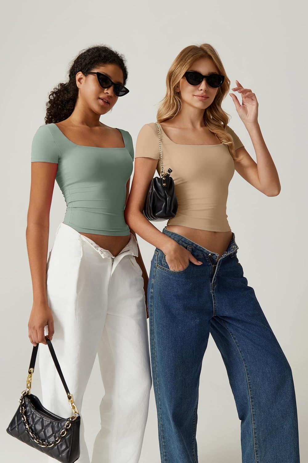 QINSEN Women's Square Neck Short Sleeve Double-Layer Tops Basic Slim Fit Going Out T Shirt - Image 7