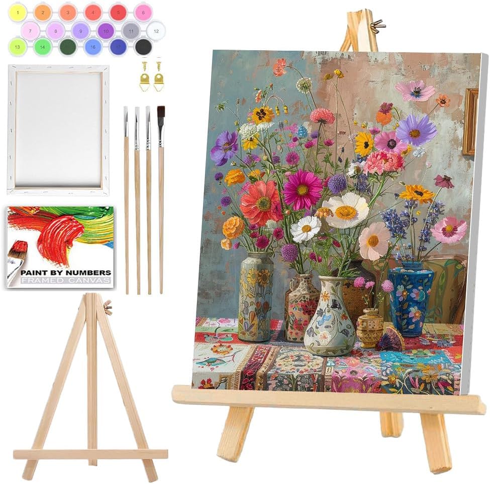 WEMEON Paint by Numbers Kit for Adults with Frame, Flower Paint by Number Canvas, Wildflower Paint by Numbers with Easel, DIY Paint by Number Kits for Home Wall Decor (12x16 Inch)