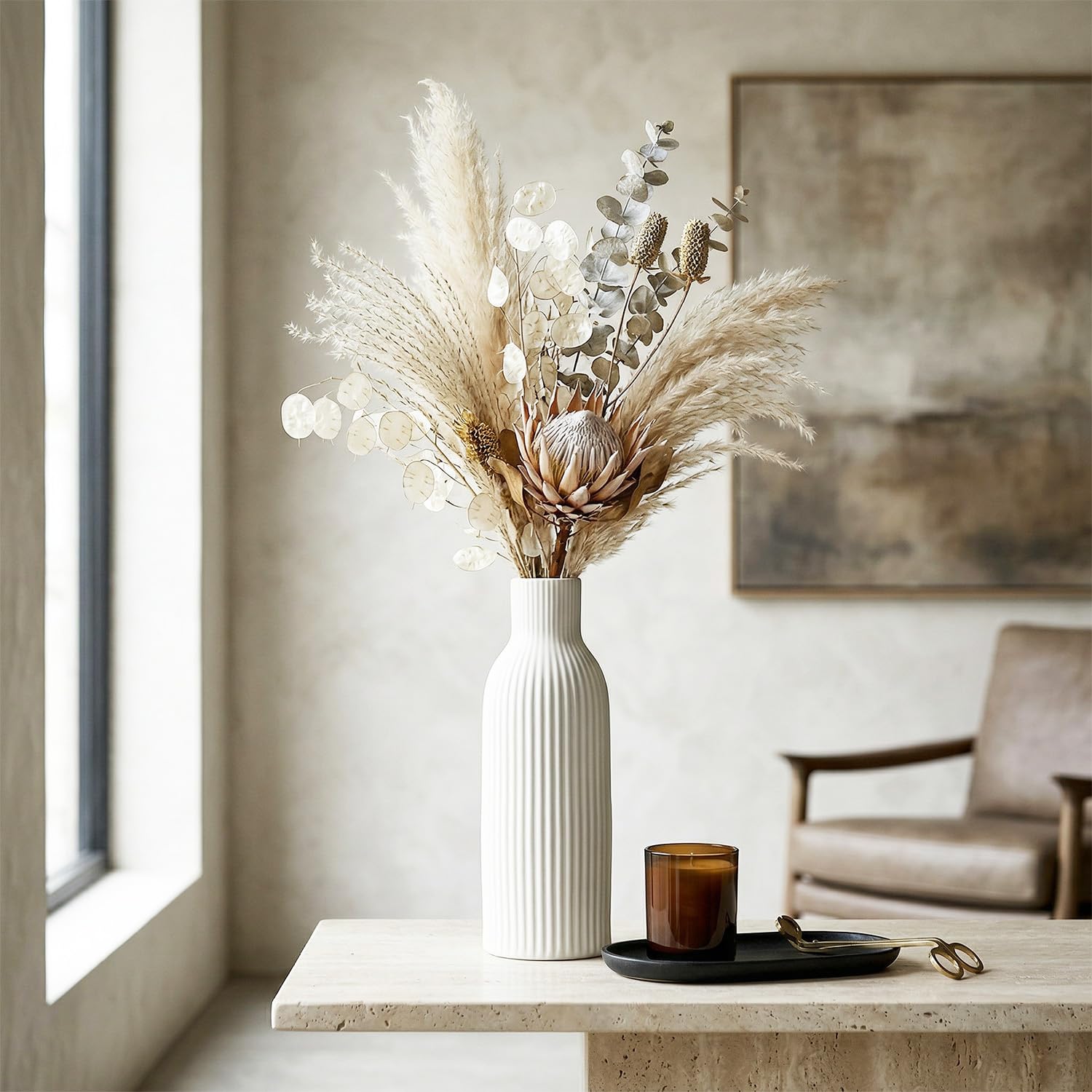 OFFASST Weiß Keramik Vasen | Iconic Home Vase für Pampasgras & Trockenblumen | Moderne Tischdeko | Neutral Boho Skandinavische Vase Hoch für Wohnzimmer