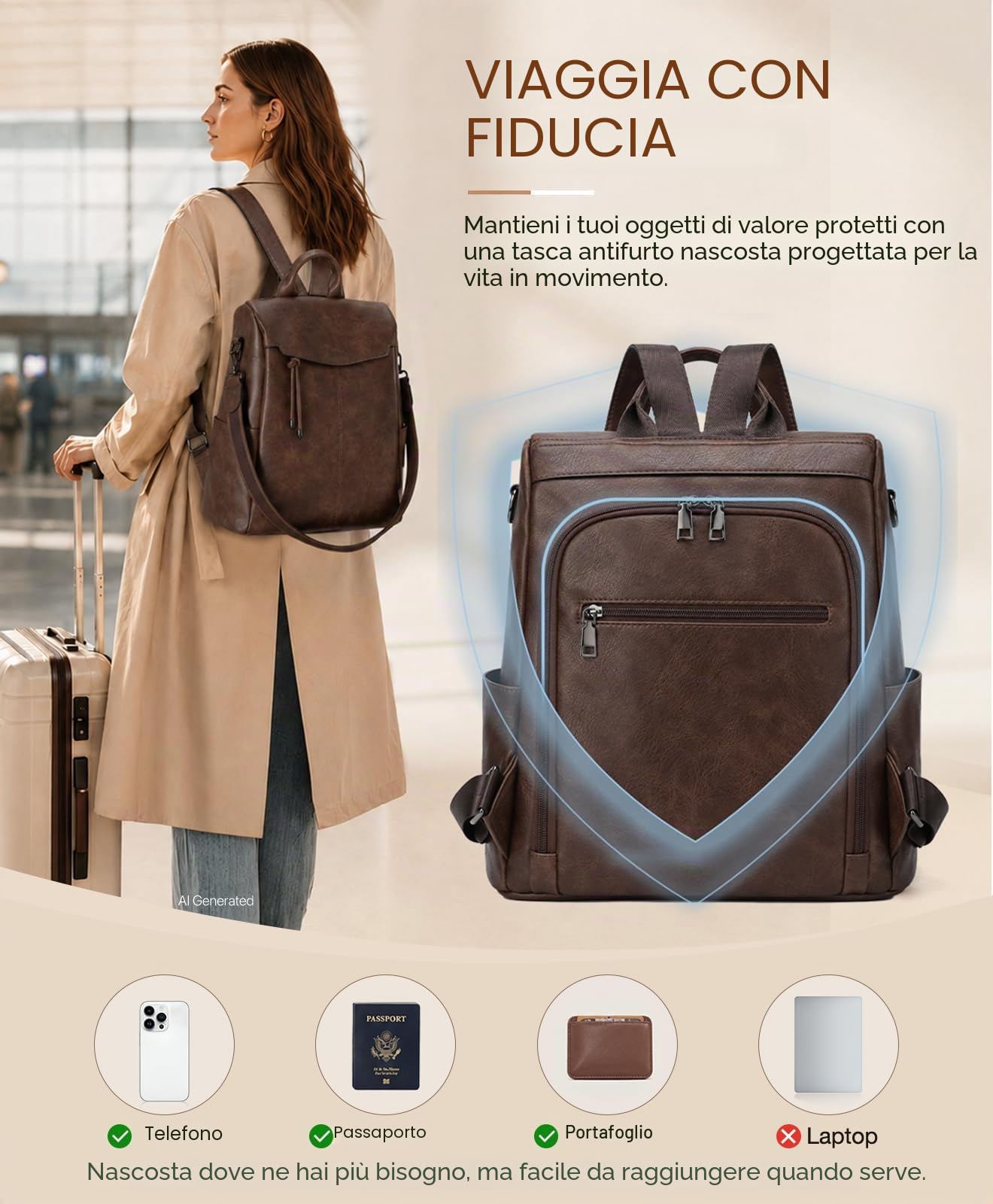VX VONXURY Zaino Donna, Antifurto Borsa a Zainetto Elegante Borsa da Donna con Tracolla Staccabile Moda PU Pelle Zaino per Donna per Lavoro Viaggio Scuola
