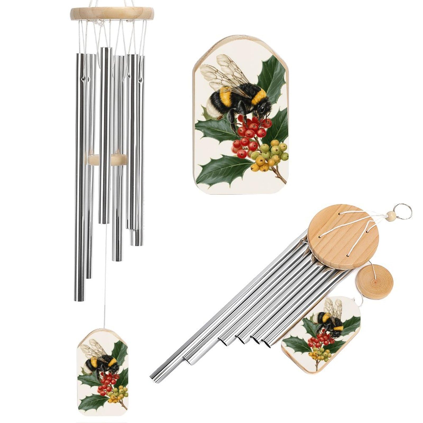 Bee on Cluster of Bright Red Berries Wind Chimes Memorial Deep Tone Windchime with 6 Aluminum Tubes Outdoor Backyard Garden Decoration