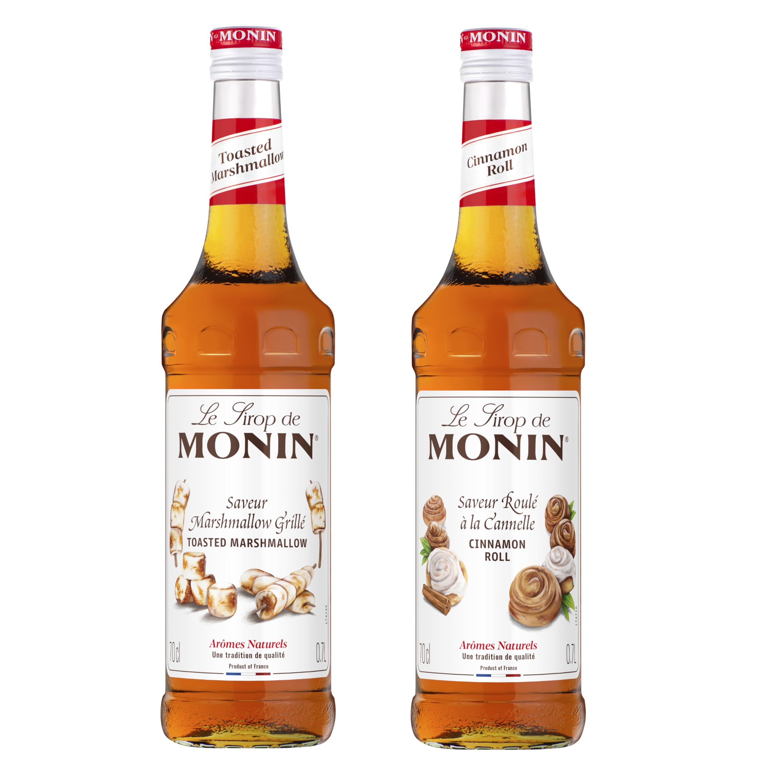 MONIN - Jarabe Sabor Marshmallow Tostado & Jarabe de sabor enrollado con canela - Para café, chocolate caliente, Capuccino o Latte - Aromas naturales - Botella de cristal - 2 x 70 cl