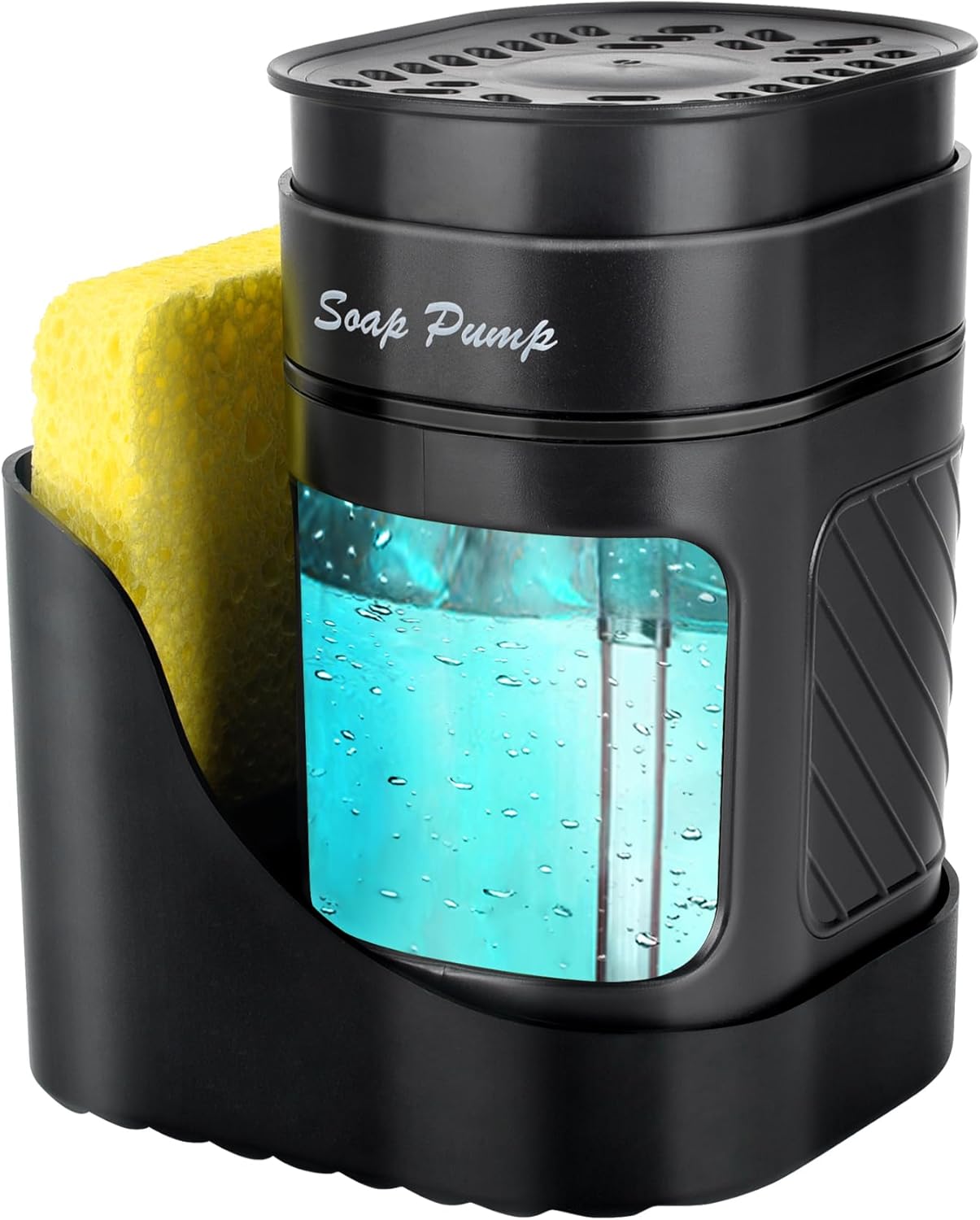 3-in-1 Dish Soap Dispenser with Sponge Holder for Kitchen Sink(Includes One Sponge), Kitchen Soap Dispenser Set - Black