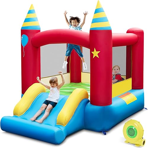 Miniatura 15 de HONEY JOY Casa de rebote inflable, castillo hinchable para niños con tobogán y área gigante de rebote, bolsa de transporte Oxford, estacas, castillo
