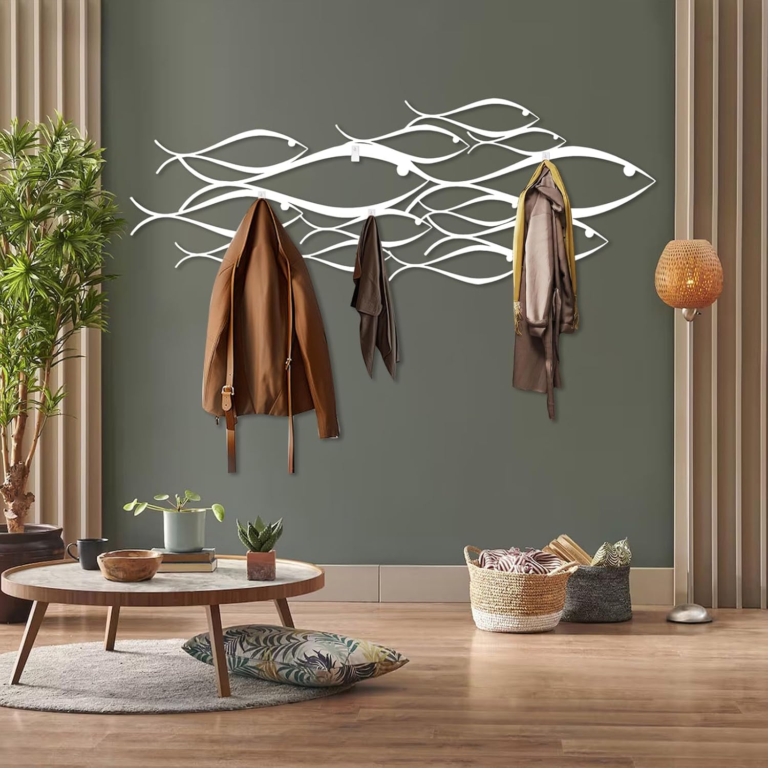 HOLECIC School of Fish Metal Coat Rack, Sea Life Wall Mount Hooks, School of Fishs Wall Decor, Nautical Metal Coat Rack, Clothes Hat Hooks for Entryway Living Room (White, 15"x41"|38x105cm)