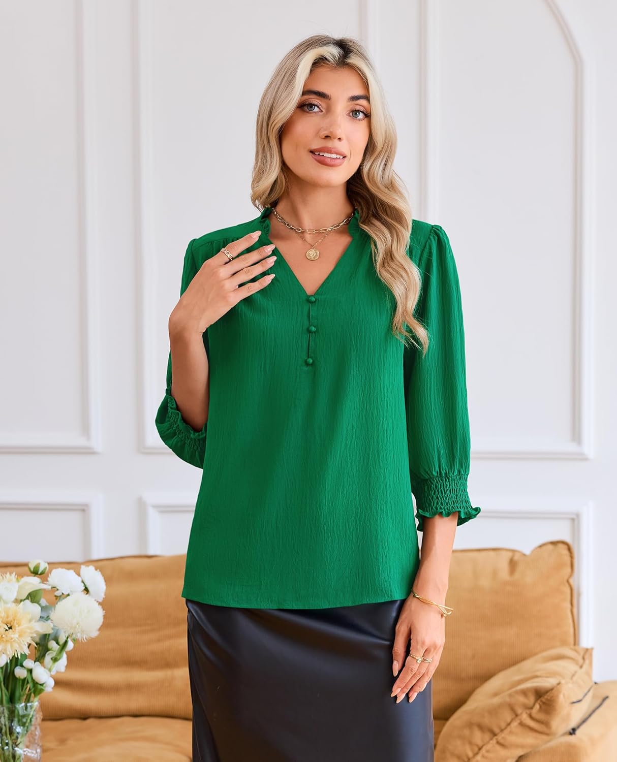 Blouses for Women Dressy Casual 3/4 Length Sleeve Womens Tops 2026 Spring Trendy Cute Smocked Cuffs Sleeve - Image 5