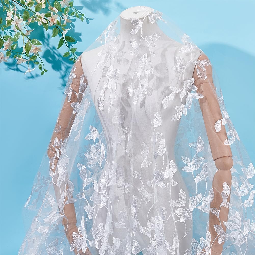 MAYJOYDIY 2 Yards White Leaves Mesh Lace Fabric 68inch/175cm Floral Leaf Embroidered Lace Trim Fabrics Wedding Accessories Tulle for DIY Wedding Dresses Half Skirt Dress Curtains Background