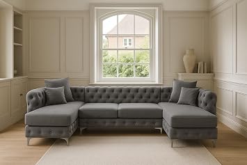 Sofaya U-Shaped Chesterfield Sofa   Deep Button Tufted Sectional with Chaise, Cushions & Chrome Legs   4 5 Seater Upholstered Couch for Living Room Grey Plush, Fabric Swatch