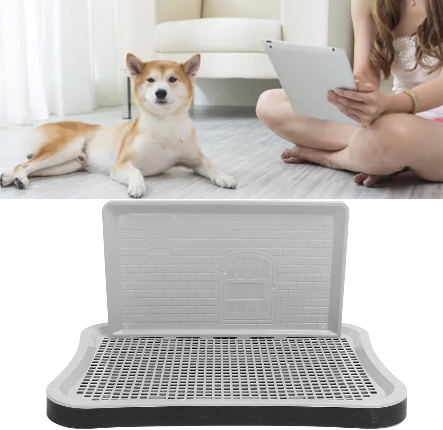 Dog Potty Tray, Portable Dog Training Toilet with Wall Column, Removable Mesh Training Potty for Small, Medium, Large Pets,Pee Pads Holder Dog Litter Box (Black)